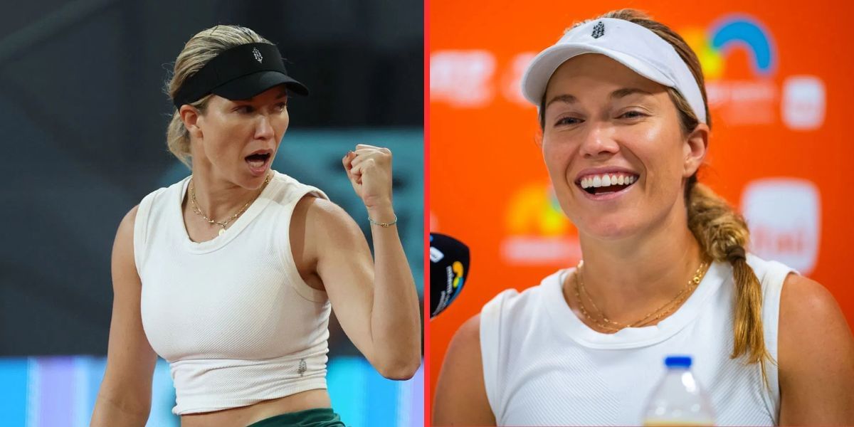 Danielle Collins at the 2024 Madrid Open (left), Collins during a press conference at the 2024 Miami Open (right), Sources: Getty