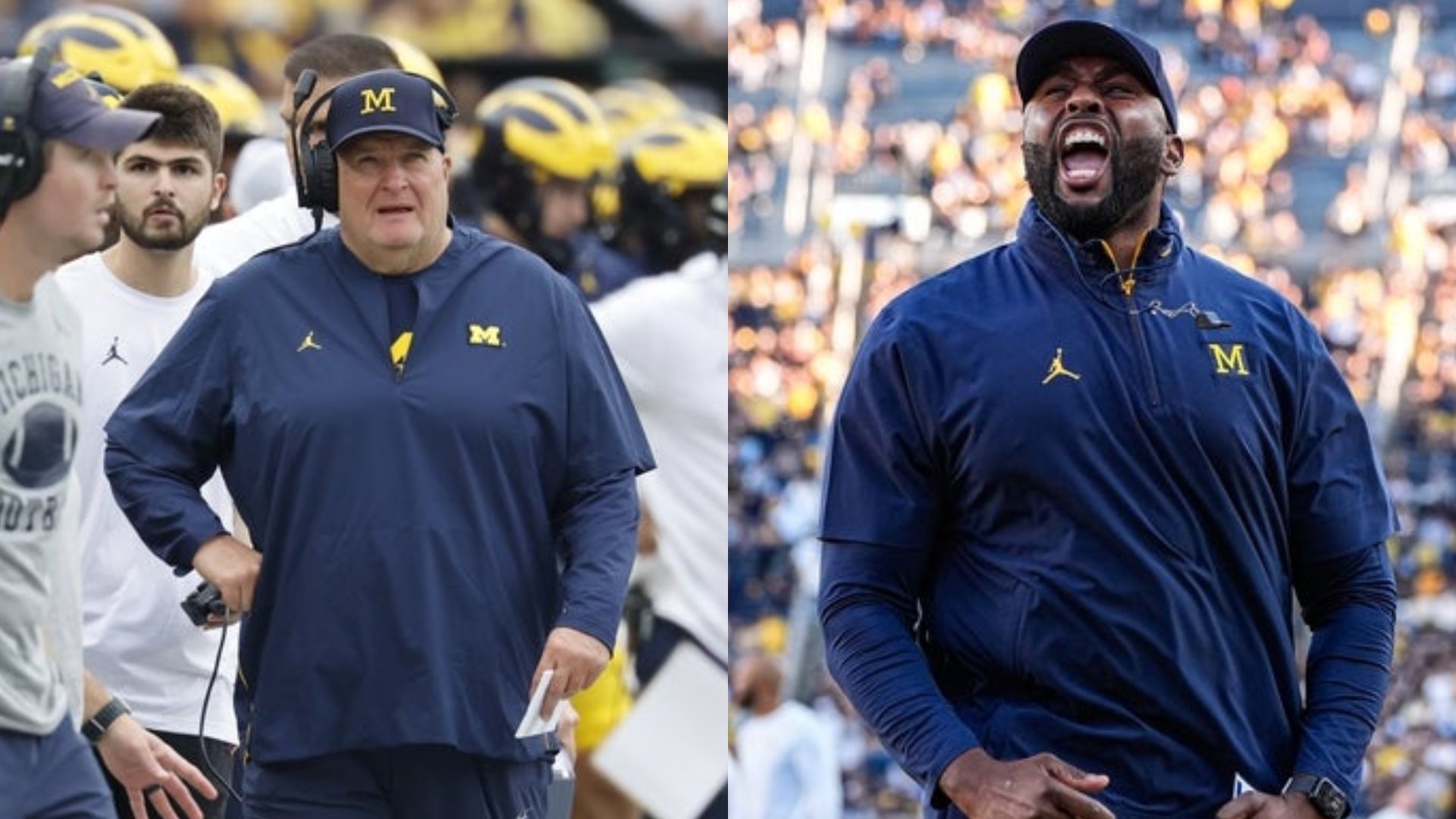 Michigan interim coach Biff Poggi (left) and coach Sherrone Moore (right) (Image Source: IMAGN)