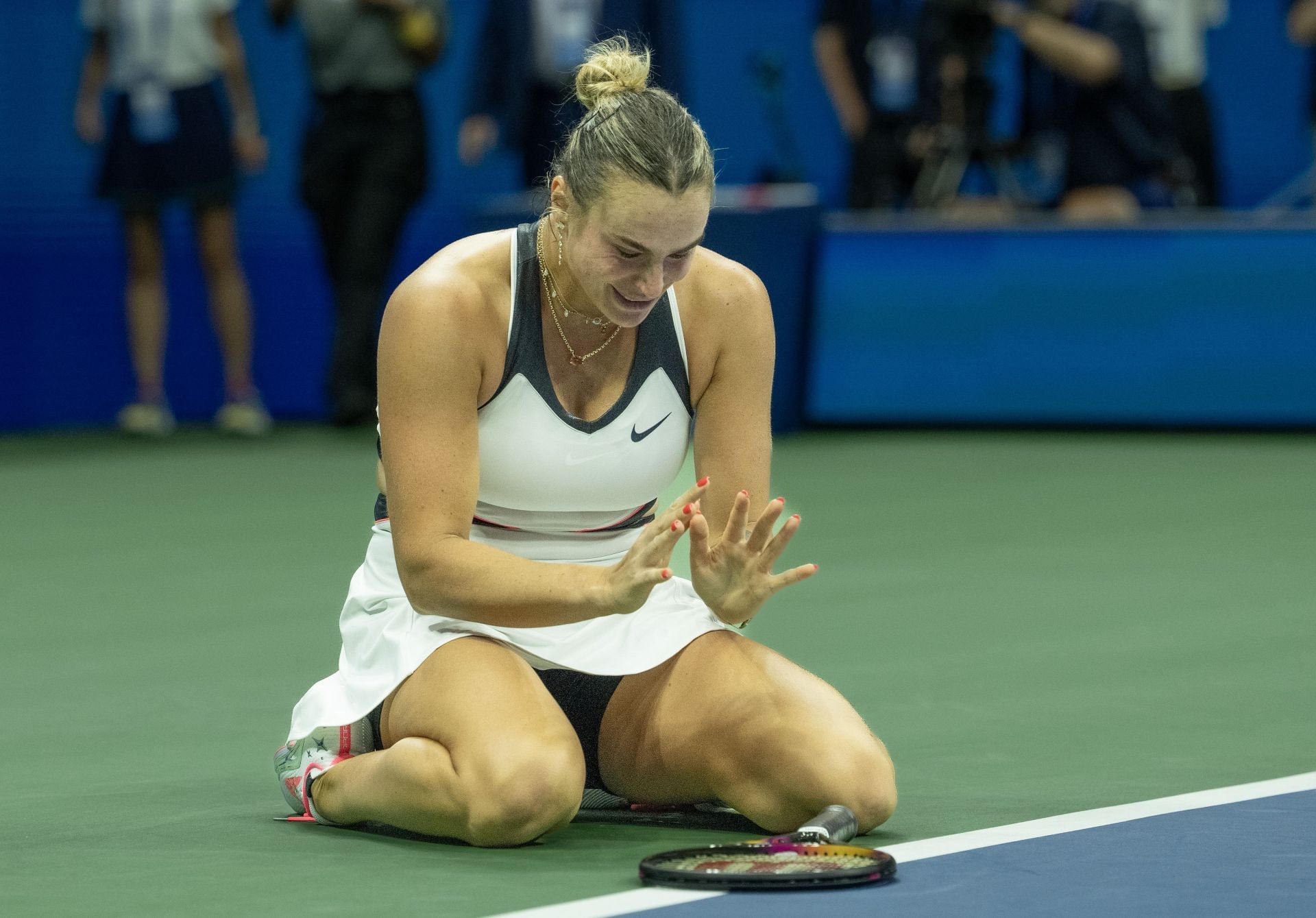 Aryna Sabalenka reacts after converting match point to win the 2025 US Open women&#039;s singles title (Source: Getty)