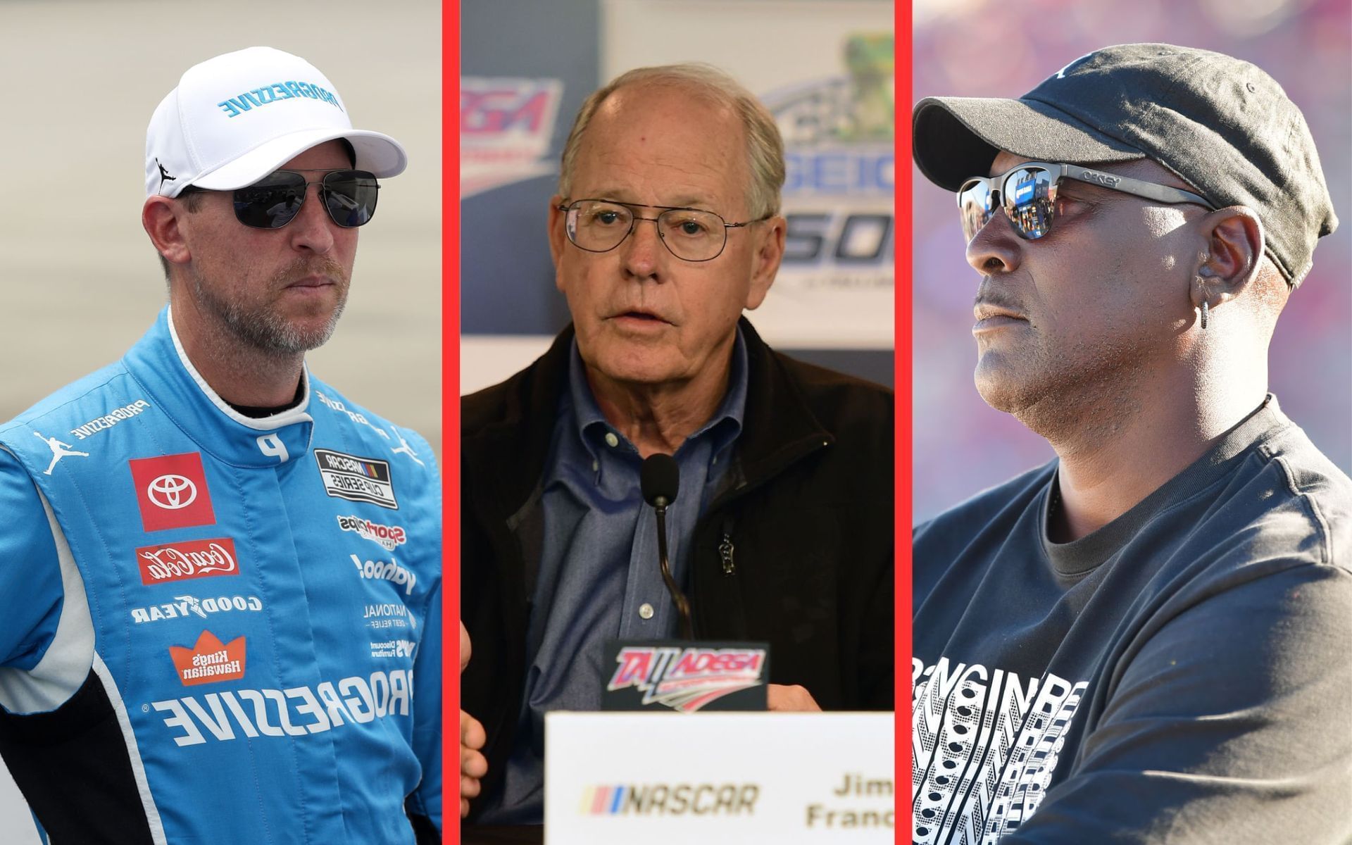 Denny Hamlin (L), NASCAR Chairman and CEO Jim France, and 23XI Racing co-owner Michael Jordan (R)