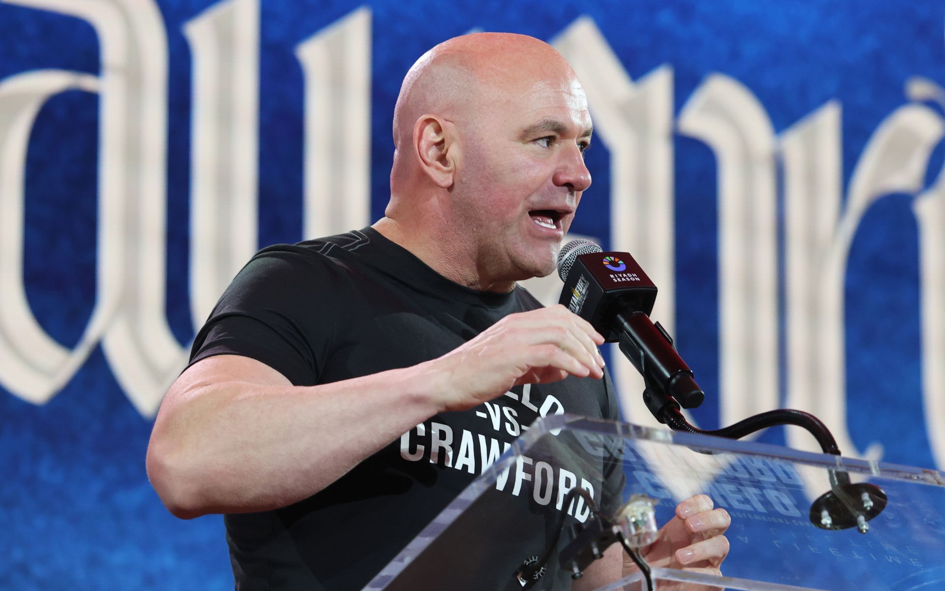 Dana White (pictured) addressing the press during the Canelo Alvarez vs. Terence Crawford presser on June 22. [Image courtesy: Getty Images]