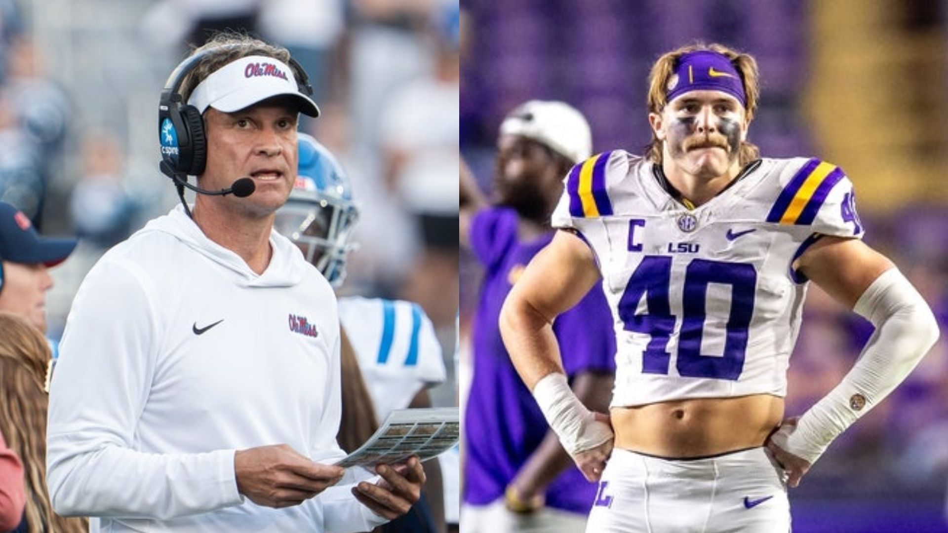 Ole Miss coach Lane Kiffin (left) and LSU linebacker Whit Weeks (right) (Image Source: IMAGN)