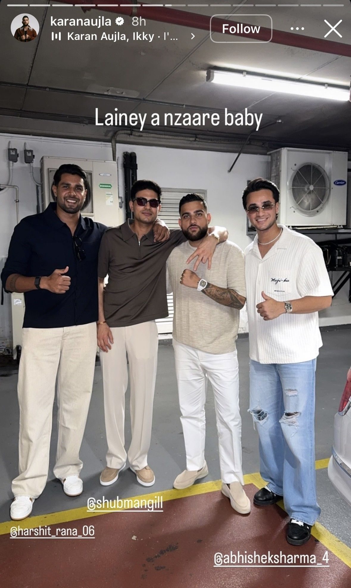 Karan Aujla with Shubman Gill, Abhishek Sharma, and Harshit Rana (Image via Instagram-@karanaujla)