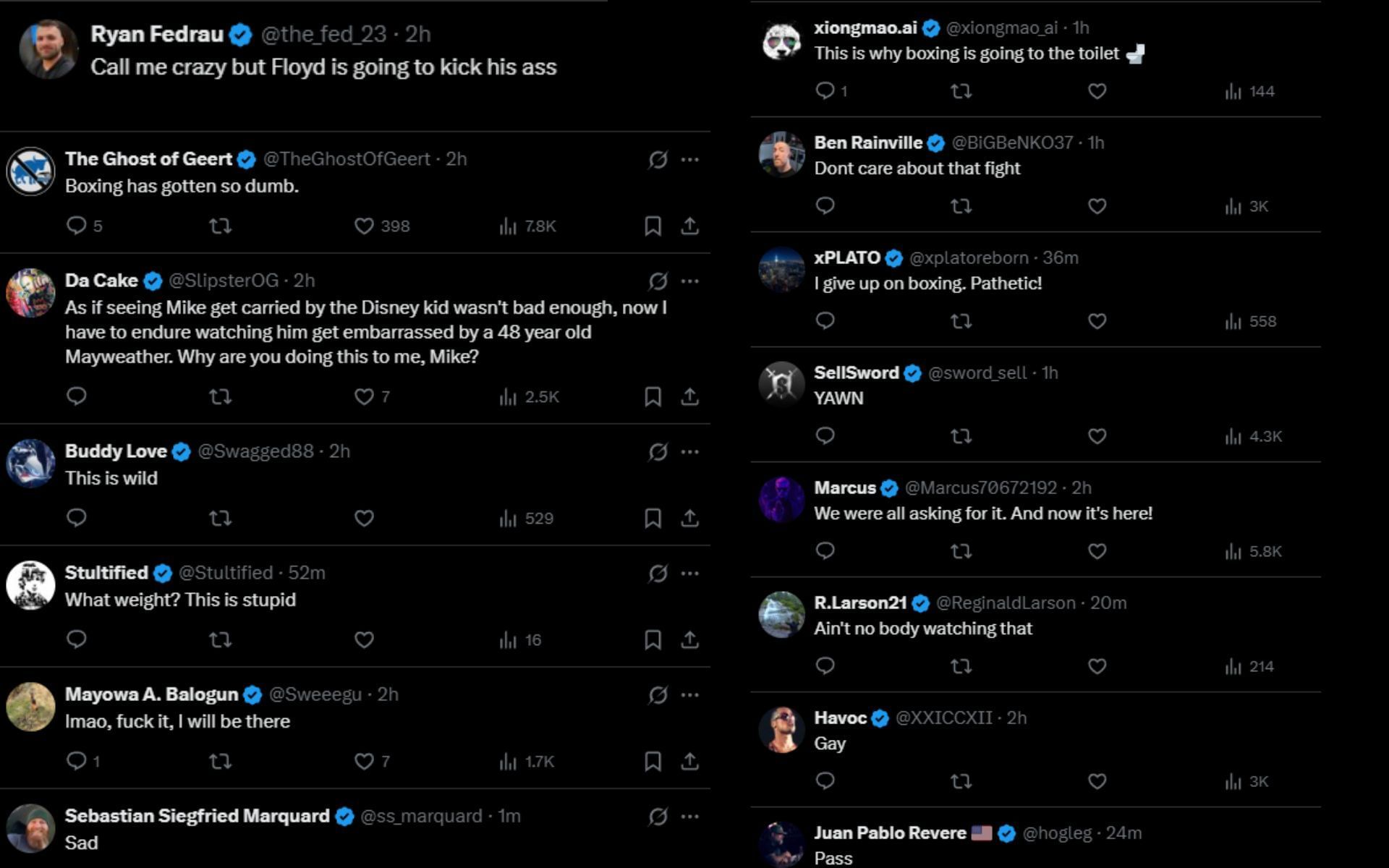 Fans react to reports of Mike Tyson vs. Floyd Mayweather fight. [Screenshots courtesy: @ChampRDS on X]