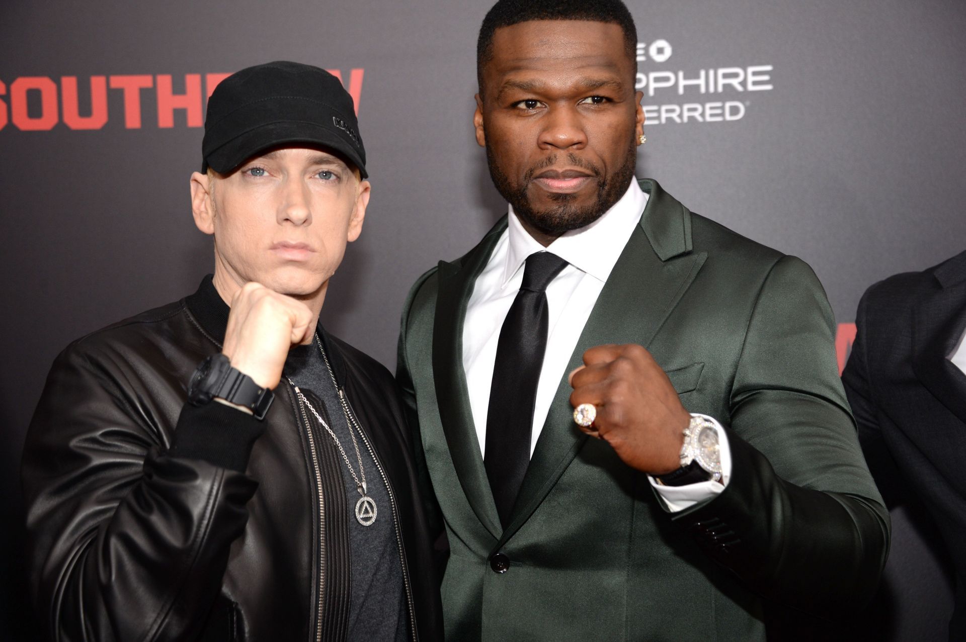 Eminem and 50 Cent at &quot;Southpaw&quot; New York Premiere (Image via Getty)