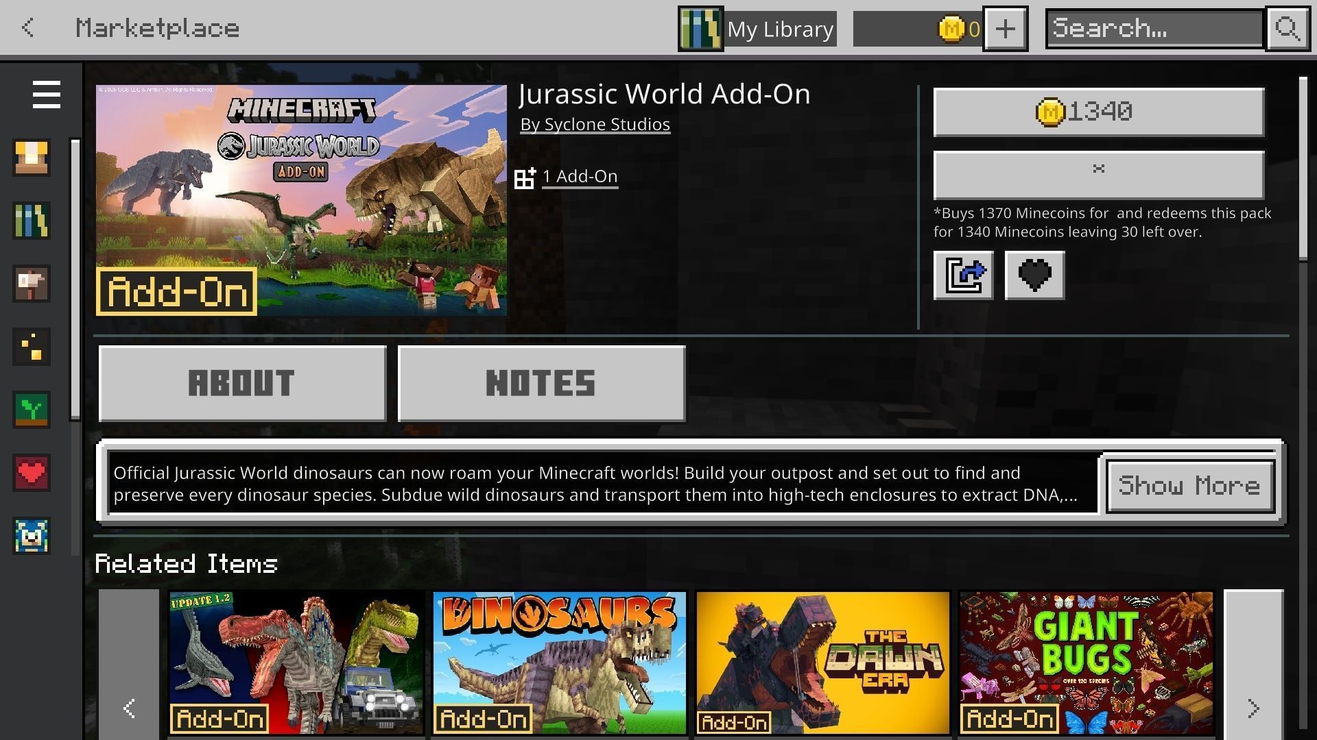 Head to the Marketplace to obtain the Minecraft Jurassic World add-on (Image via Sportskeeda Gaming || Mojang Studios)