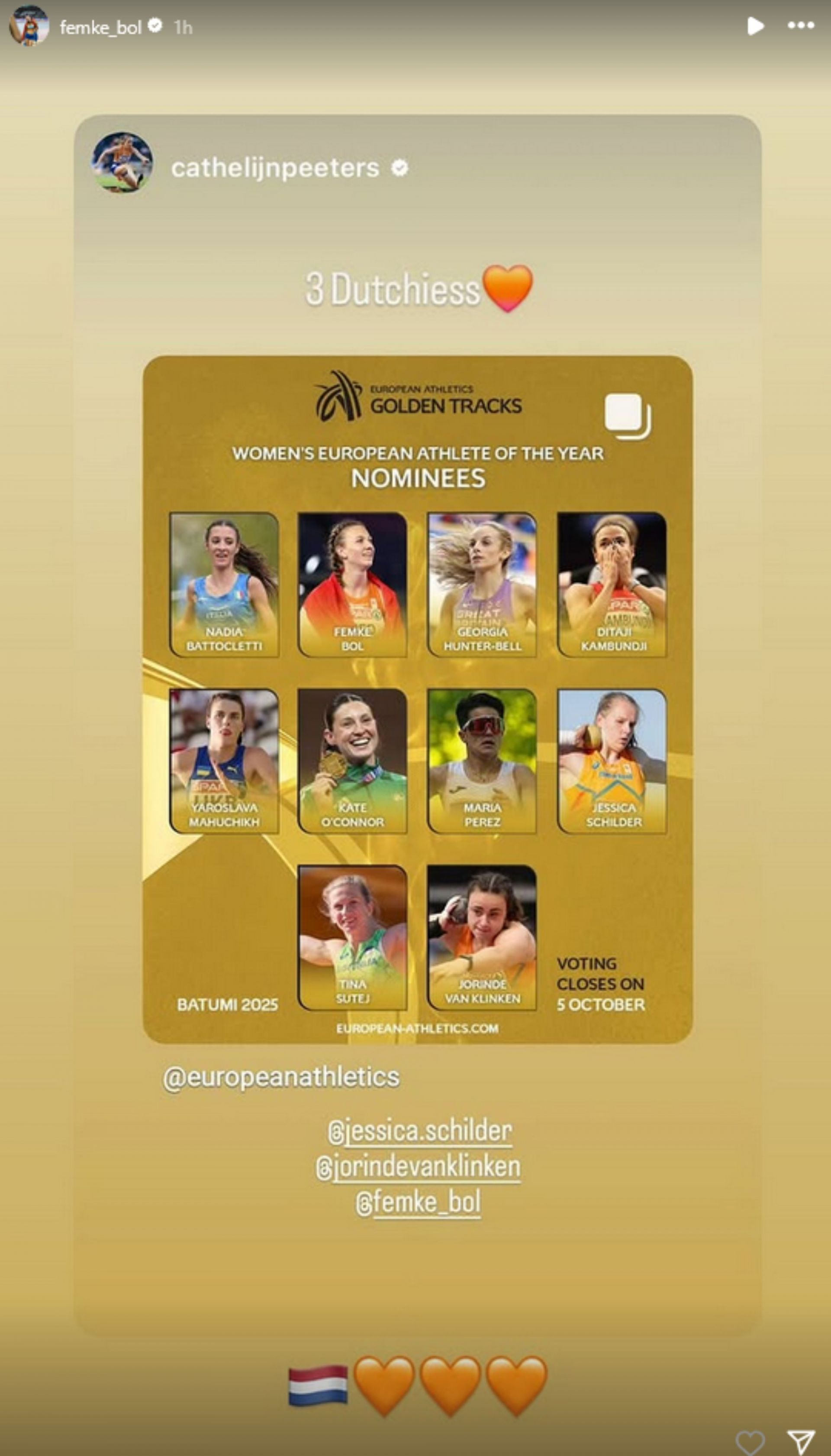 Screenshot of Femke Bol&rsquo;s Instagram story. Credits - femke_bol