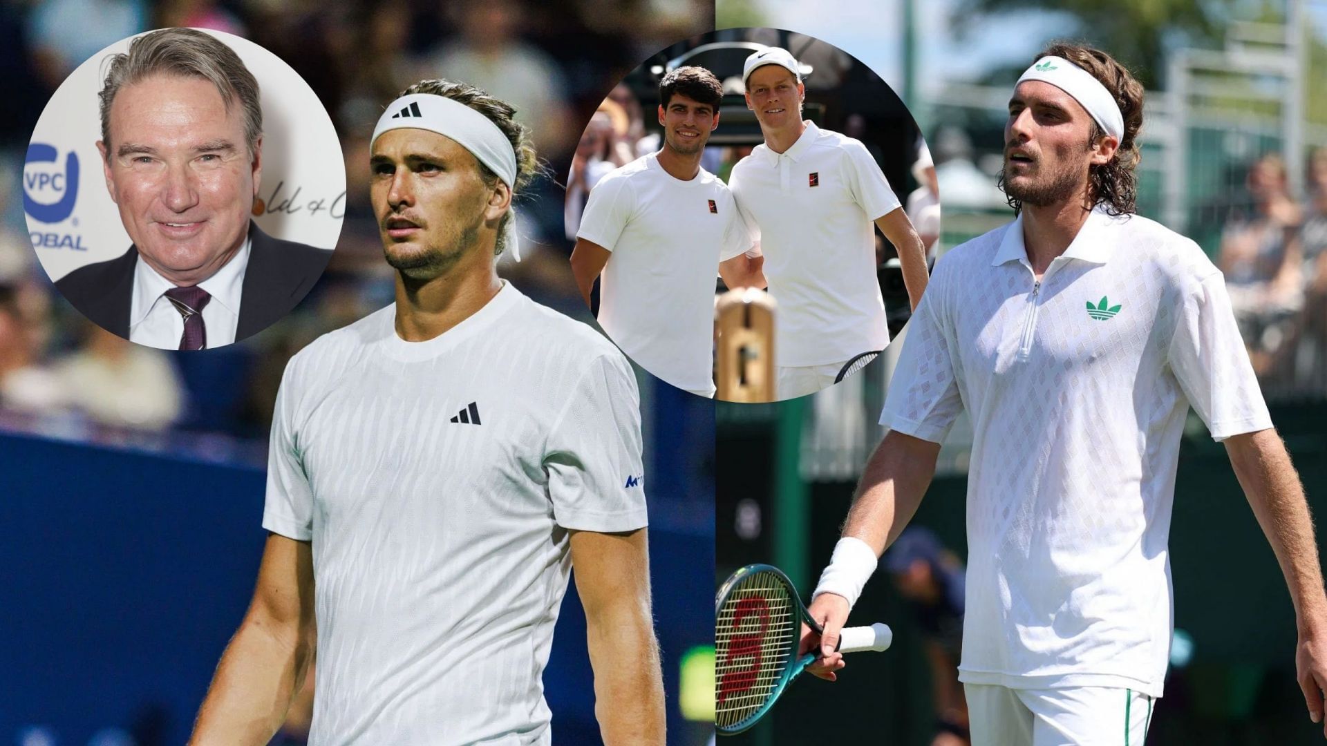 Alexander Zverev [L] and Stefanos Tsitsipas [R] with Carlos Alcaraz, Jannik Sinner, and Jimmy Connors [Inset] | Source: Getty Images