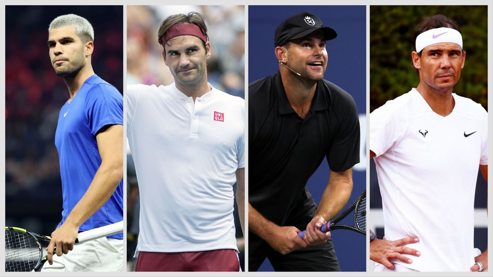 (From L-R) Carlos Alcaraz, Roger Federer, Andy Roddick and Rafael Nadal. (Photos: Getty)
