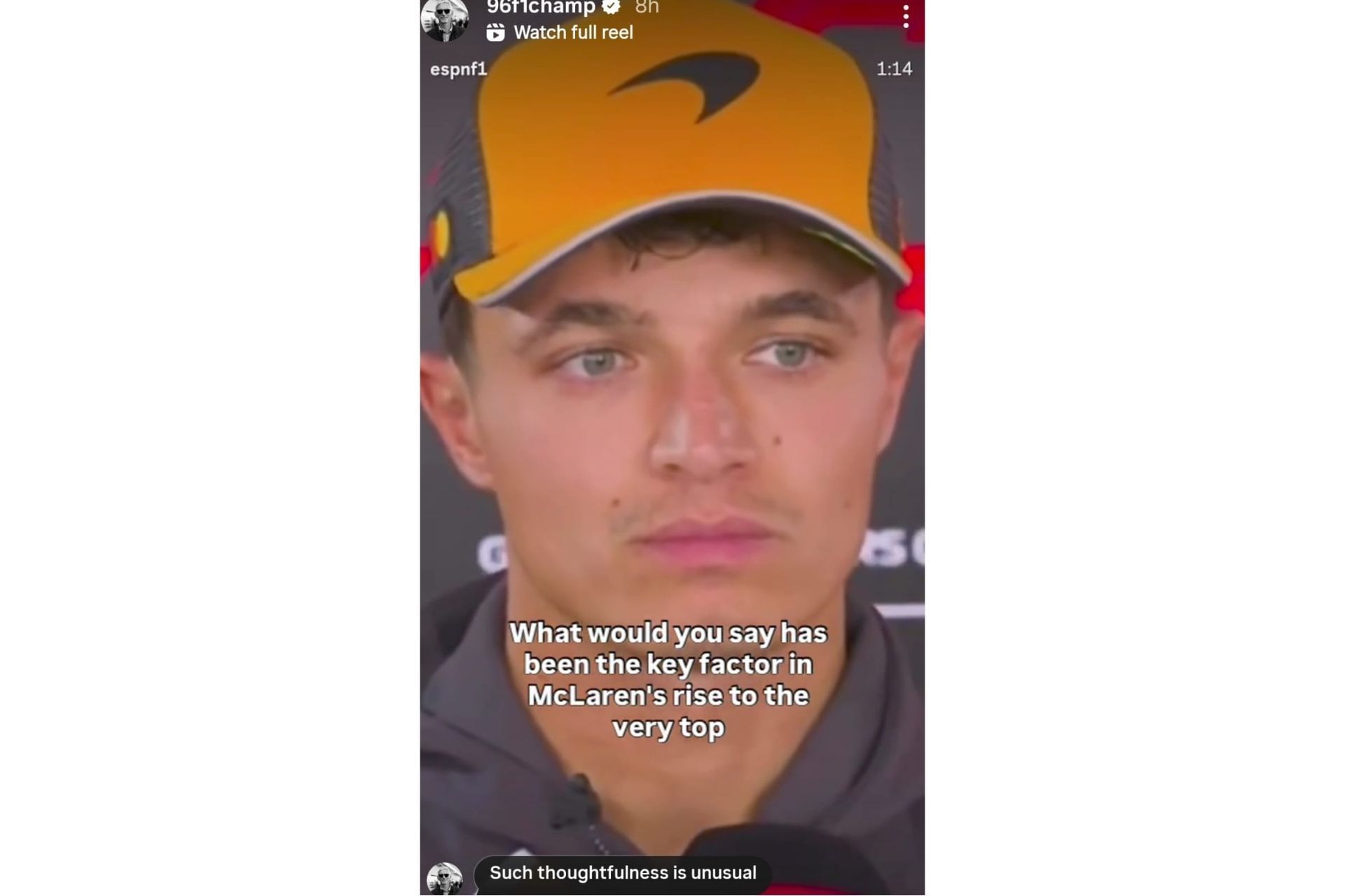Damon Hill reacts to Lando Norris&#039;s statement on McLaren&#039;s rise (@96f1champ on Instagram)