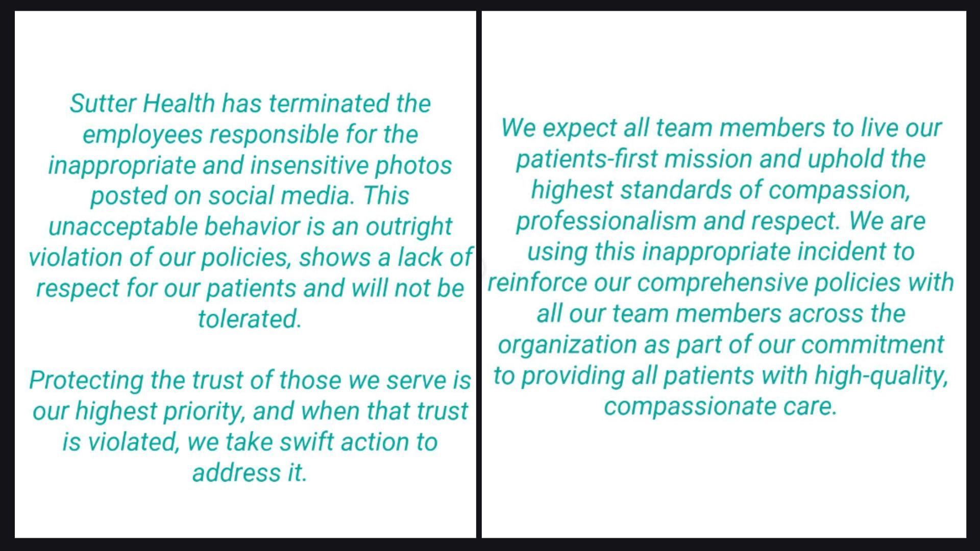 Screenshot of Sutter Health statement (Image via Instagram/@sansumclinic)