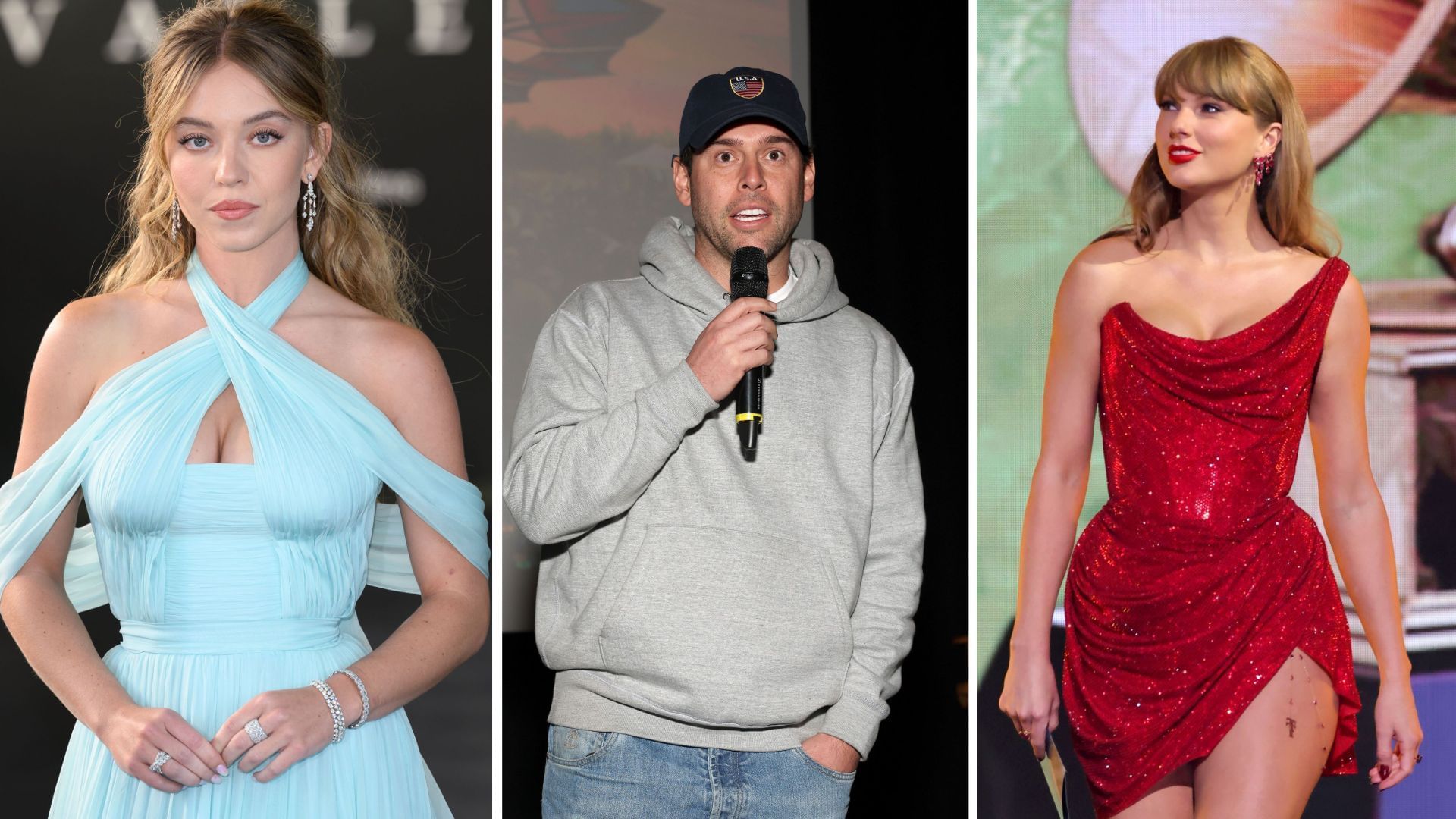 Sydney  Sweeney, Scooter Braun, Taylor Swift (Image via Getty)