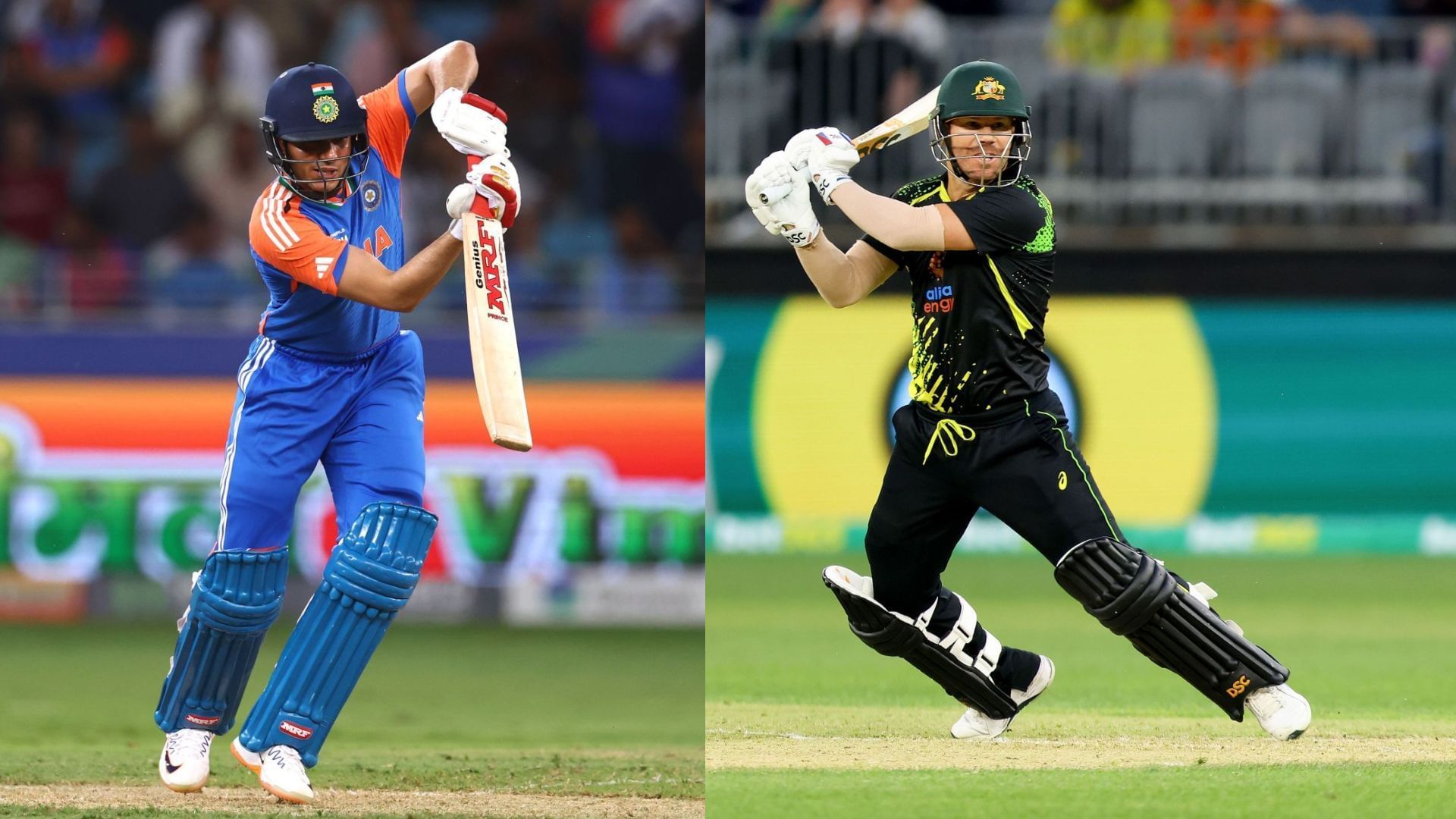 Shubman Gill (L) and David Warner (R) in action in T20Is (Image Credits: Getty)