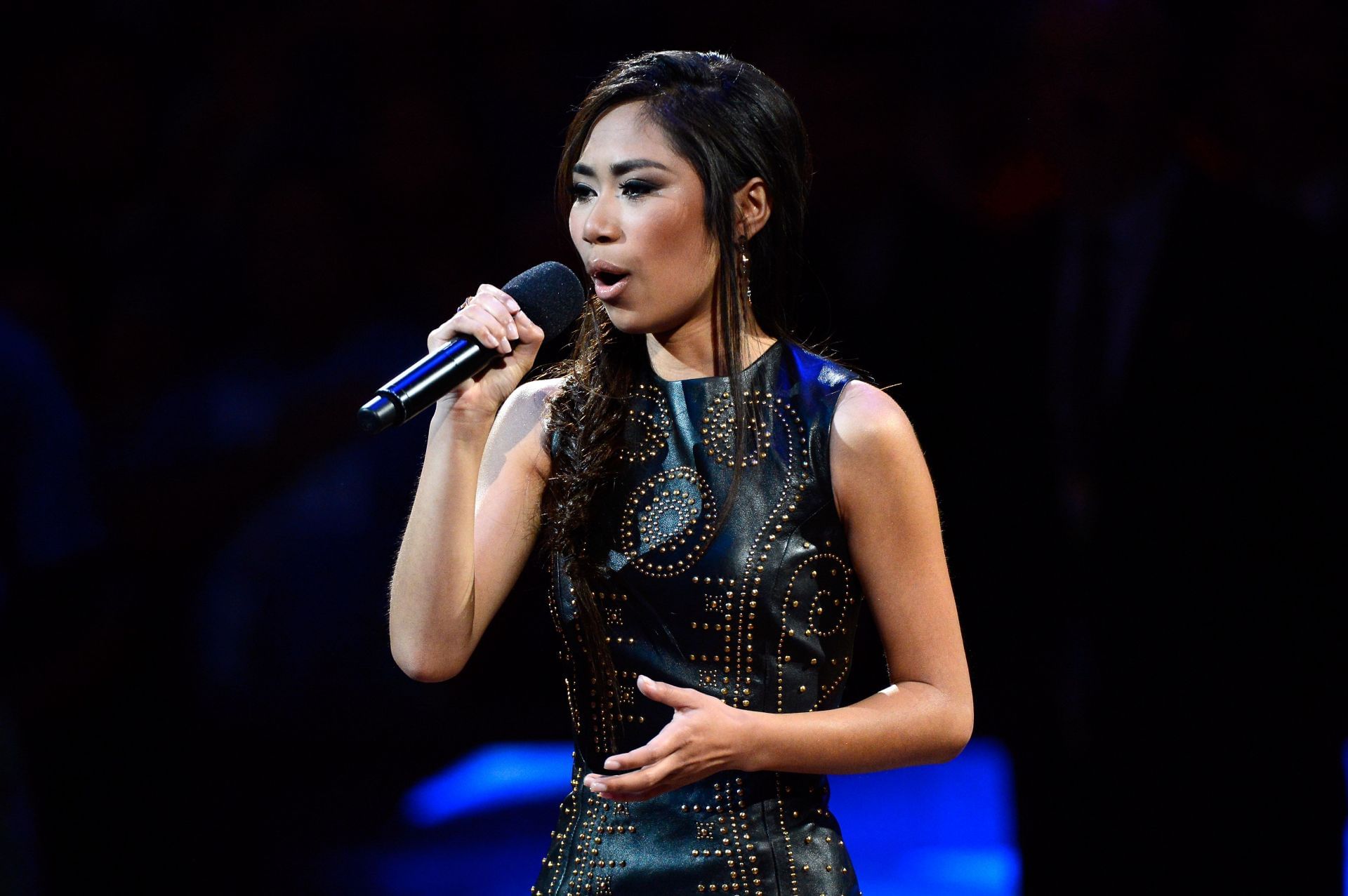 Jessica Sanchez performs the national anthem before Game One of the 2012 NBA Finals between the Oklahoma City Thunder and the Miami Heat at Chesapeake Energy Arena on June 12, 2012, in Oklahoma City. (Photo by Ronald Martinez/Getty Images)