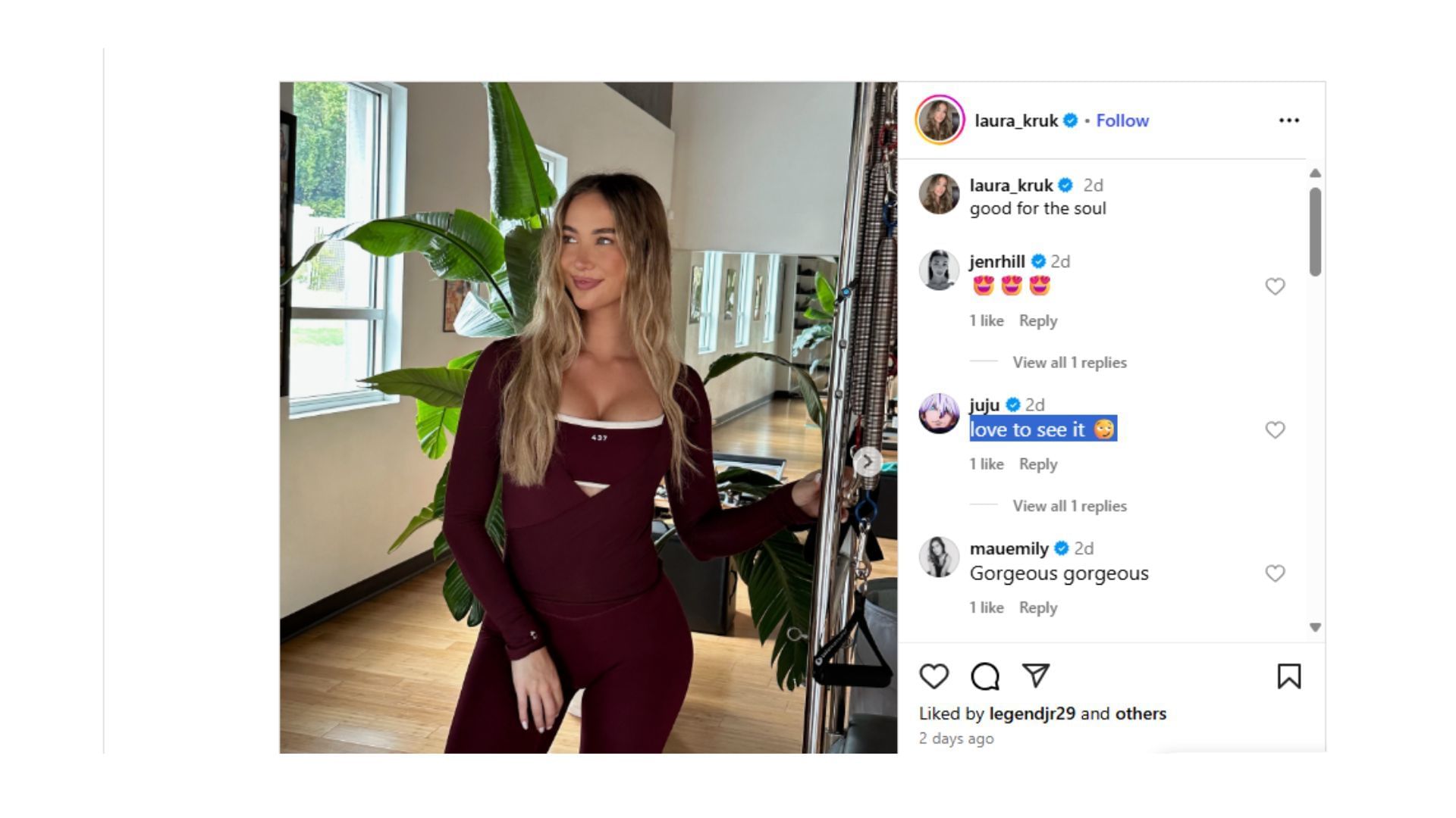 Laura Kruk received a comment from Smith-Schuster. (Comment via Laura Kruk&#039;s Instgaram post)