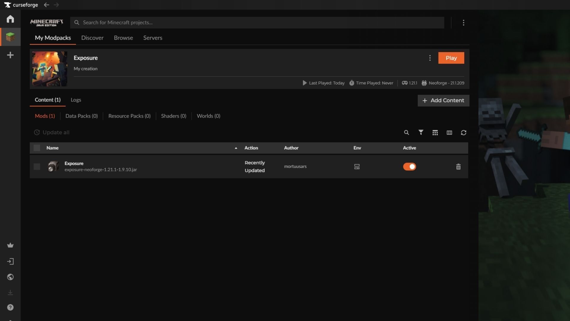 Use the Curseforge launcher to download and install the Exposure Minecraft mod (Image via Sportskeeda Gaming || Mojang Studios/mortuusars)