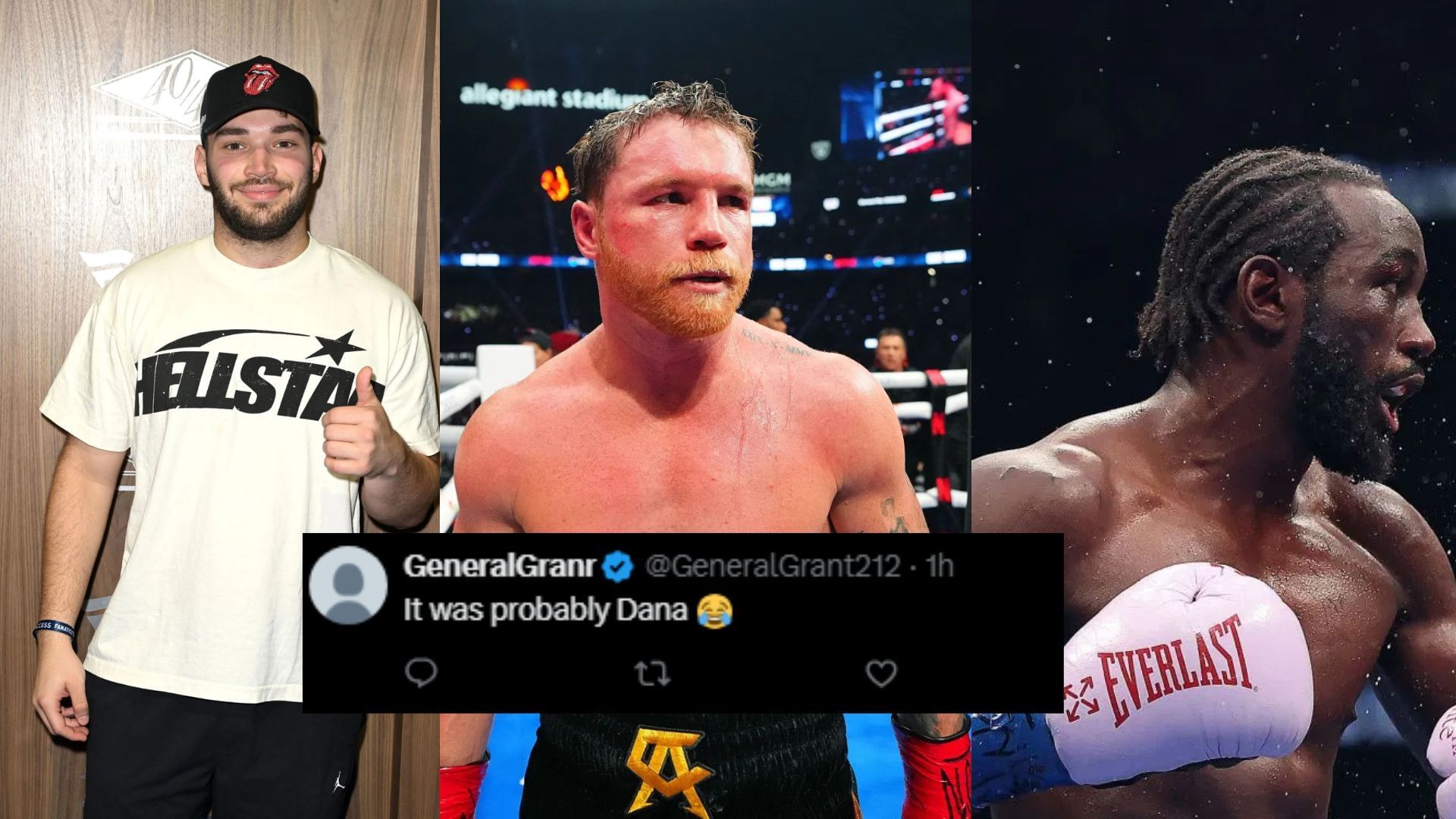 Fans react after Adin Ross (left) flips $1 million bet from Canelo Alvarez (middle) to Terence Crawford (right) after mystery call. [Images courtesy: Getty Images]