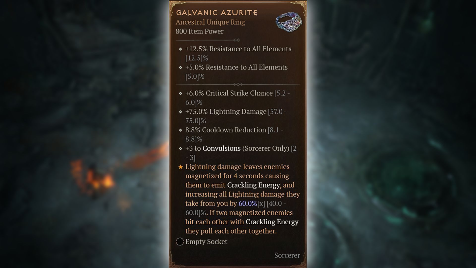 The Galvanic Azurite comes with a fantastic set of stats that support the Lightning abilities of the Sorcerer class in Diablo 4 (Image via Blizzard Entertainment)