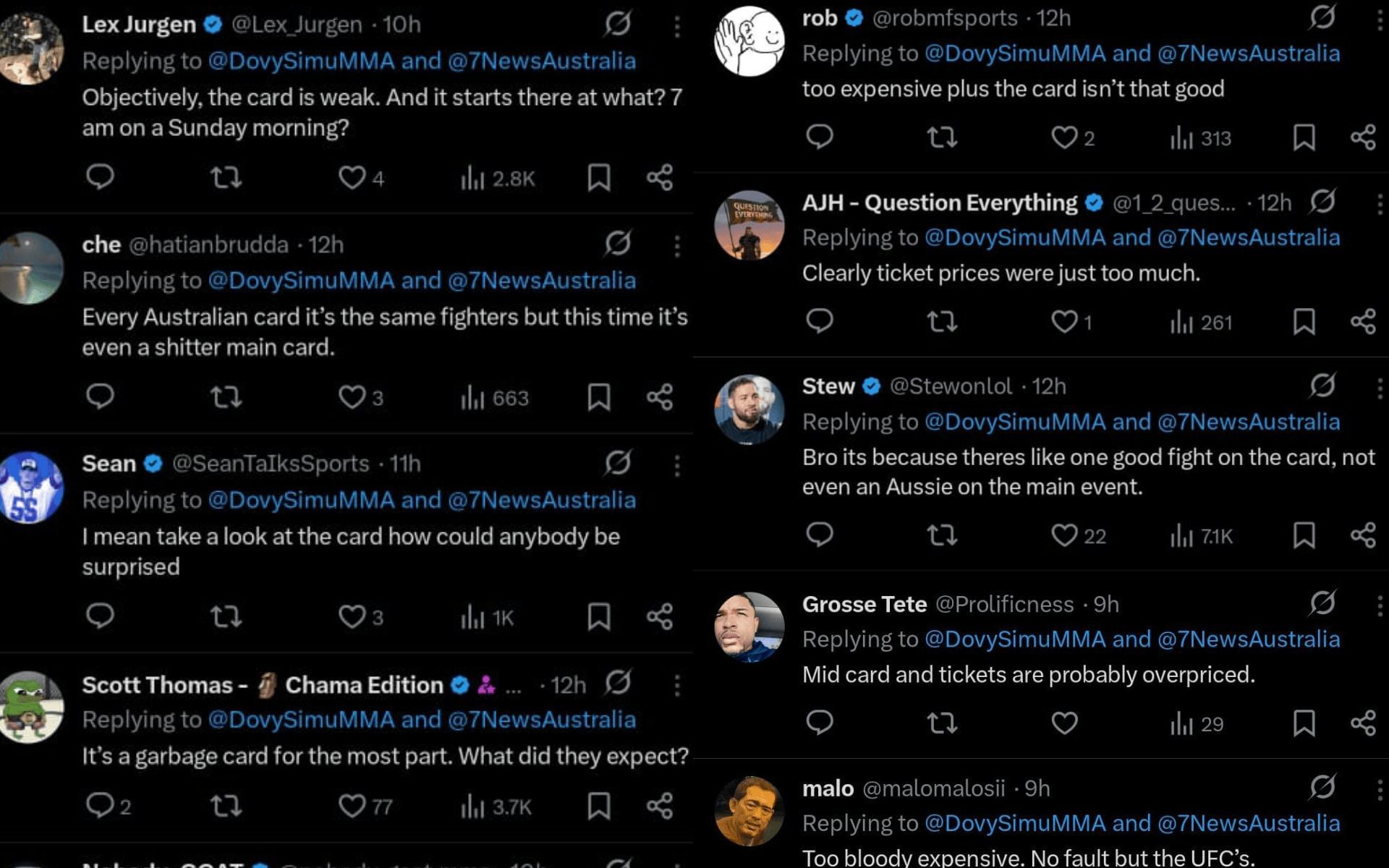 Fans&#039; reaction to UFC Perth&#039;s poor reported ticket sales. [Screenshots courtesy: @DovySimuMMA on X]