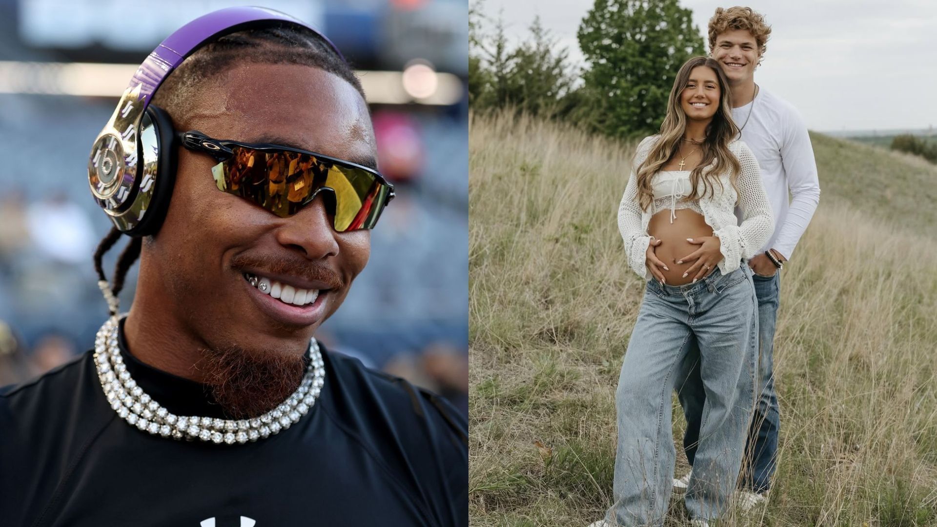 Justin Jefferson reacts to JJ McCarthy welcoming first child with Katya Kuropas - via Getty/CMS and Instagram