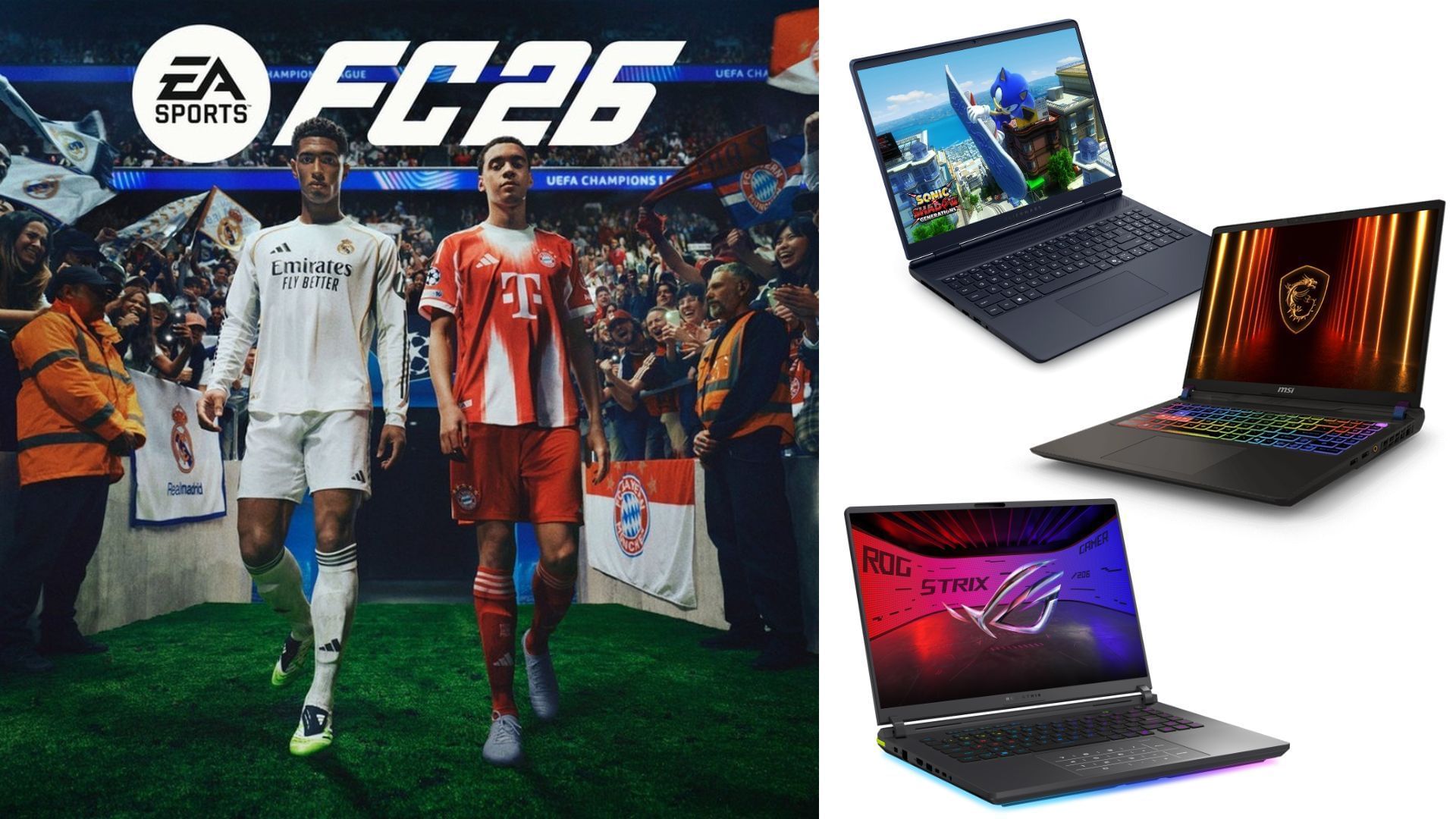 The best laptops for EA FC 26 (Image via Electronic Arts, MSI, Dell, Asus)