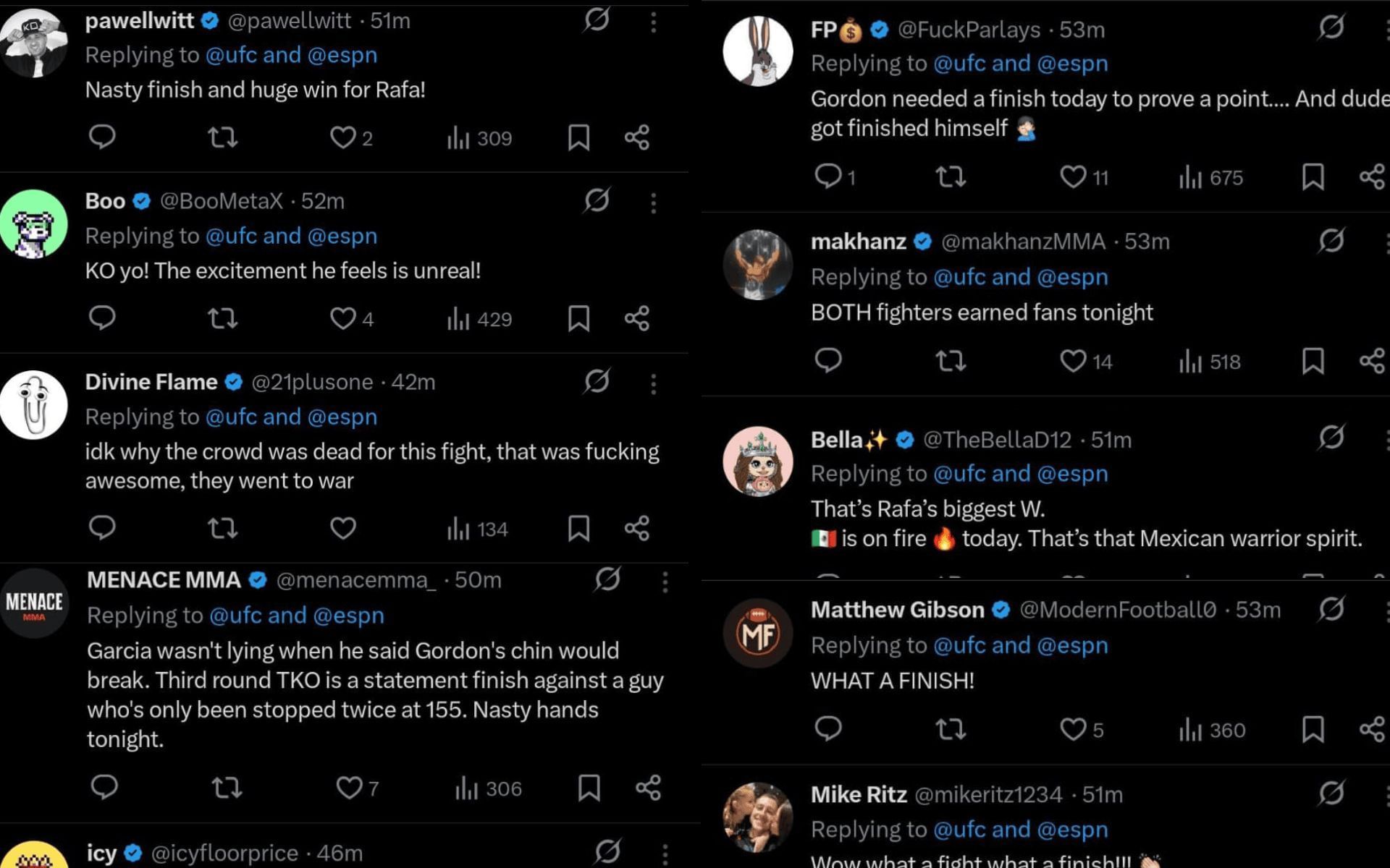 Fans react to Rafa Garcia beating Jared Gordon via third-round TKO at Noche UFC. [Screenshots courtesy: @ufc on X]