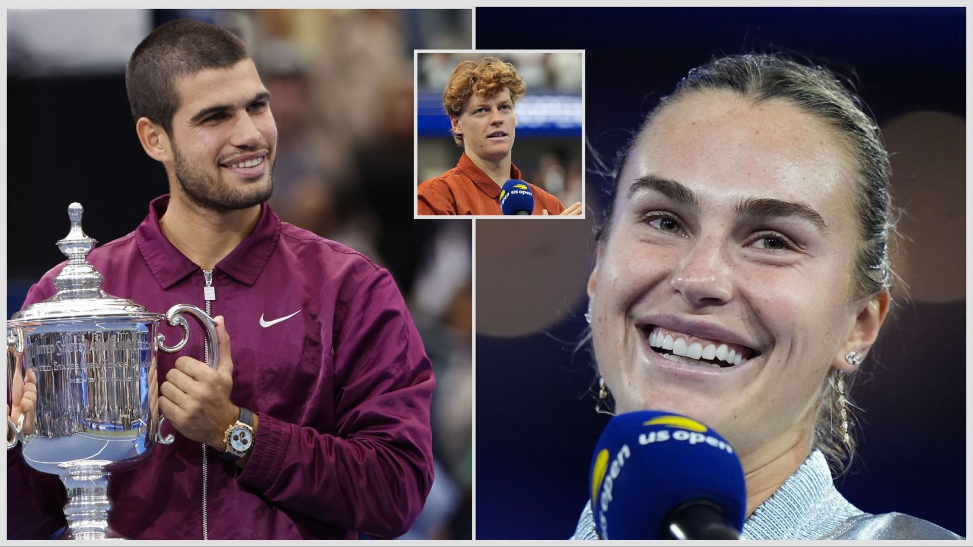 Carlos Alcaraz (L) teases Aryna Sabalenka (R) over her &quot;Jannik Sinner&quot; blunder, (Source: Getty Images)
