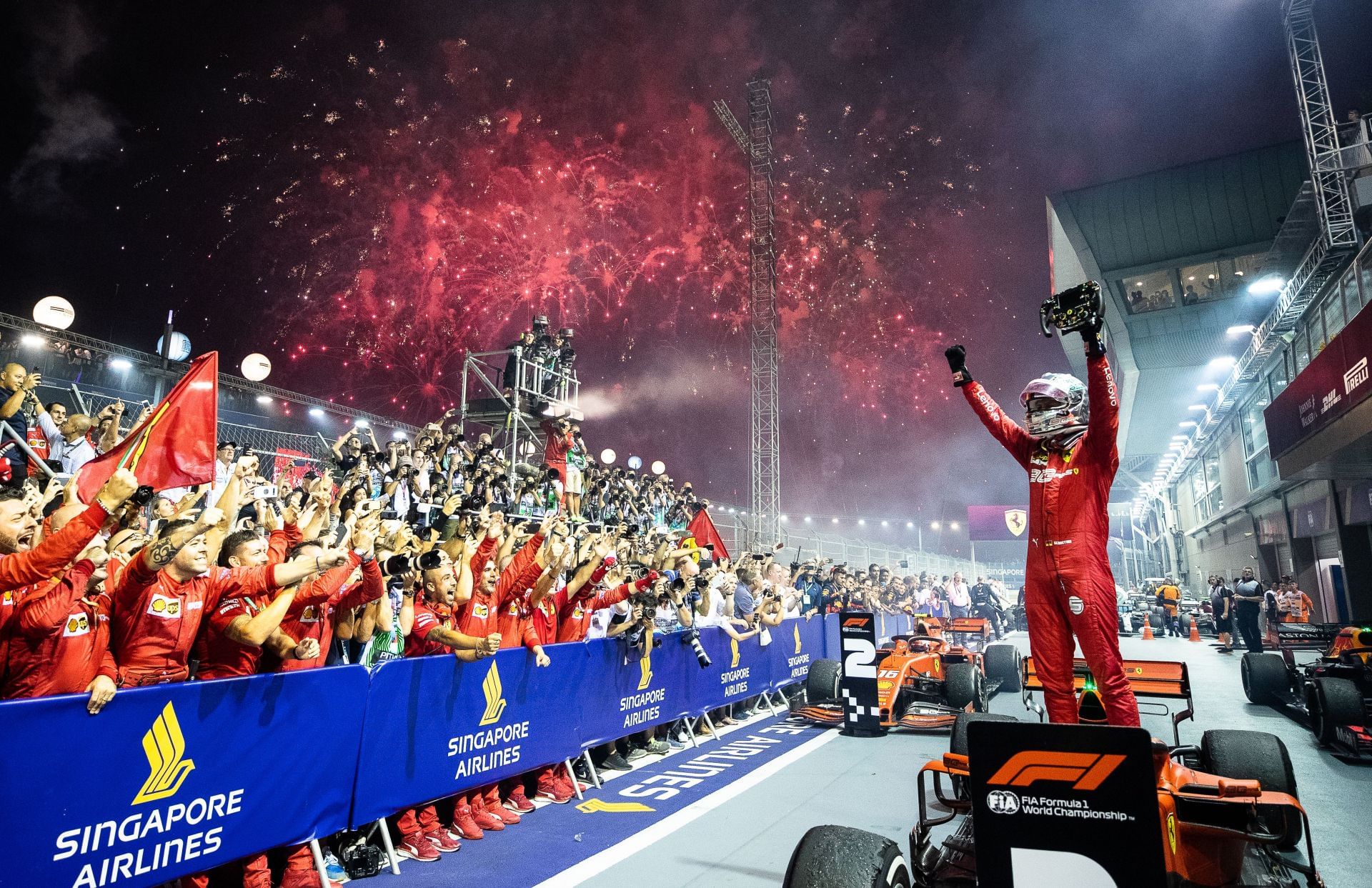 Ferrari&#039;s Sebastian Vettel after winning the 2019 F1 Grand Prix of Singapore - Source: Getty