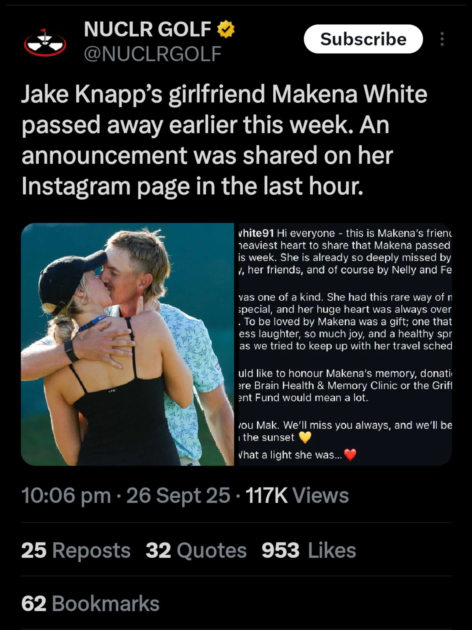 Screenshot from NUCLR Golf&#039;s X post on Makena White&#039;s passing / Source: @NUCLRGOLF on X