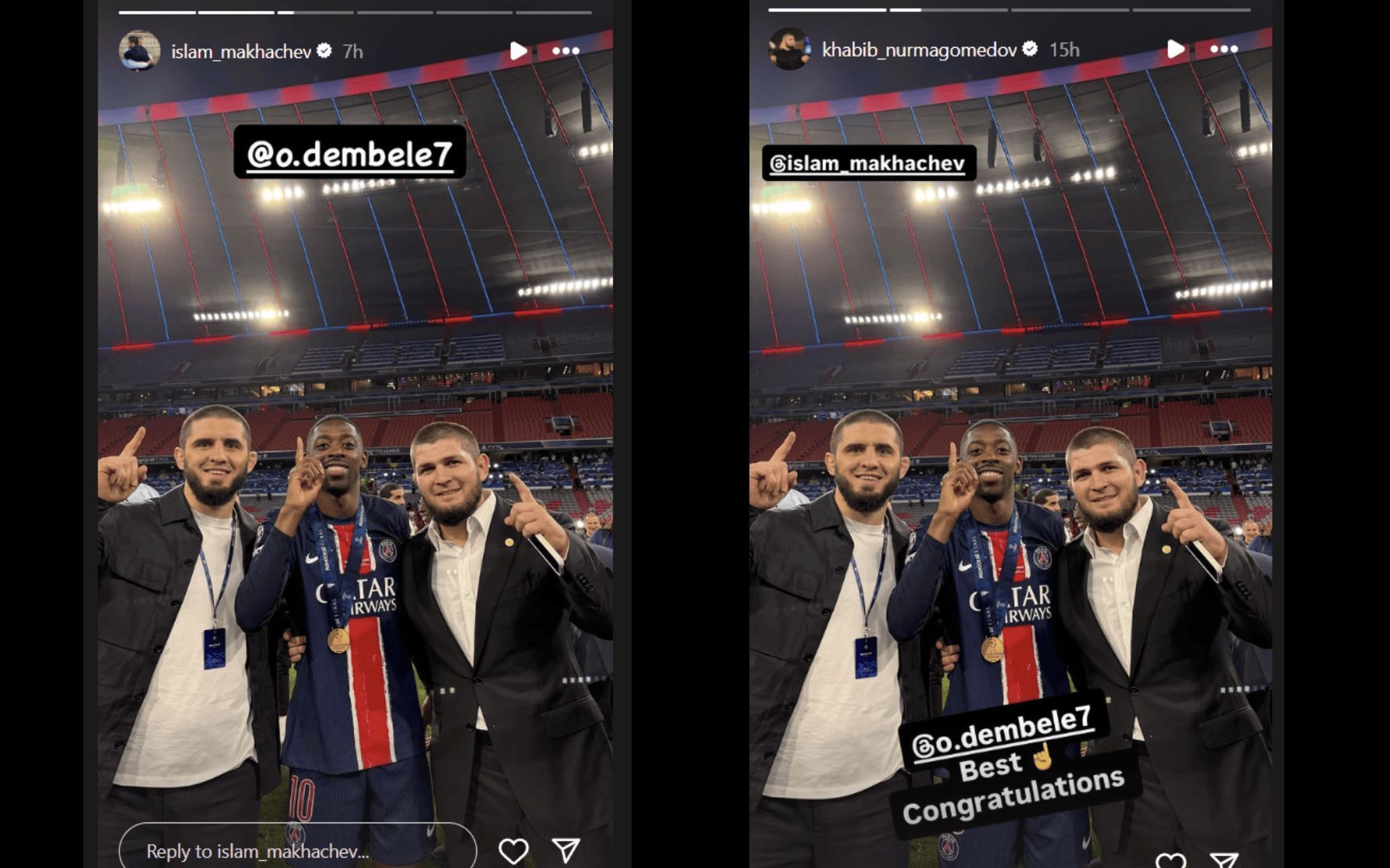 Islam Makhachev and Khabib Nurmagomedov&#039;s Instagram Stories. [Screenshots courtesy: Respective Instagram handles]