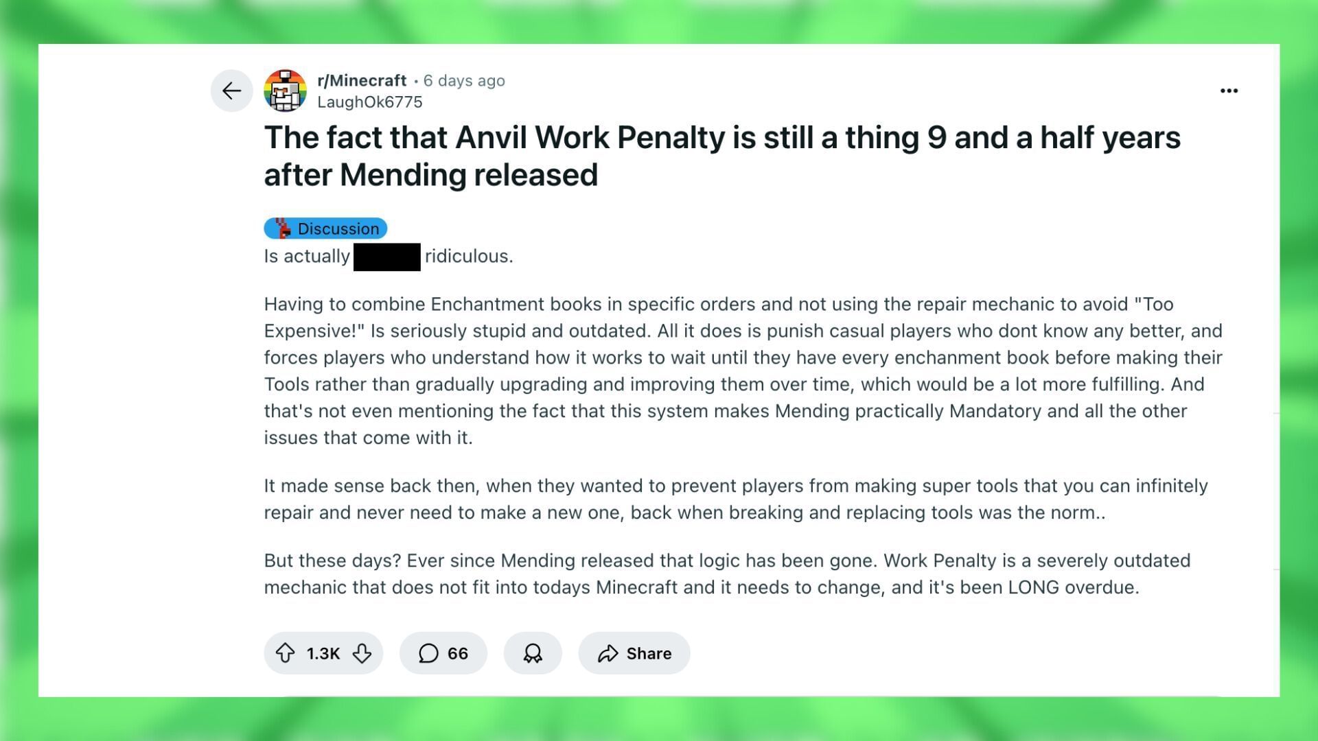 Reddit user u/LaughOk6775 explains why the anvil work penalty makes no sense (Image via Reddit)