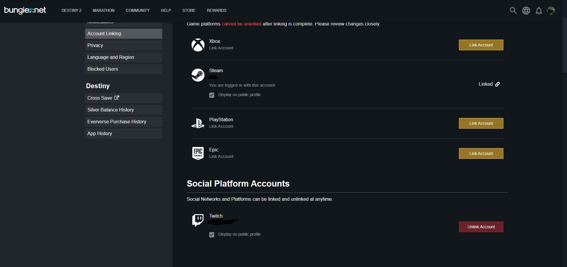 Bungie Account Linking page (Image via Bungie) 