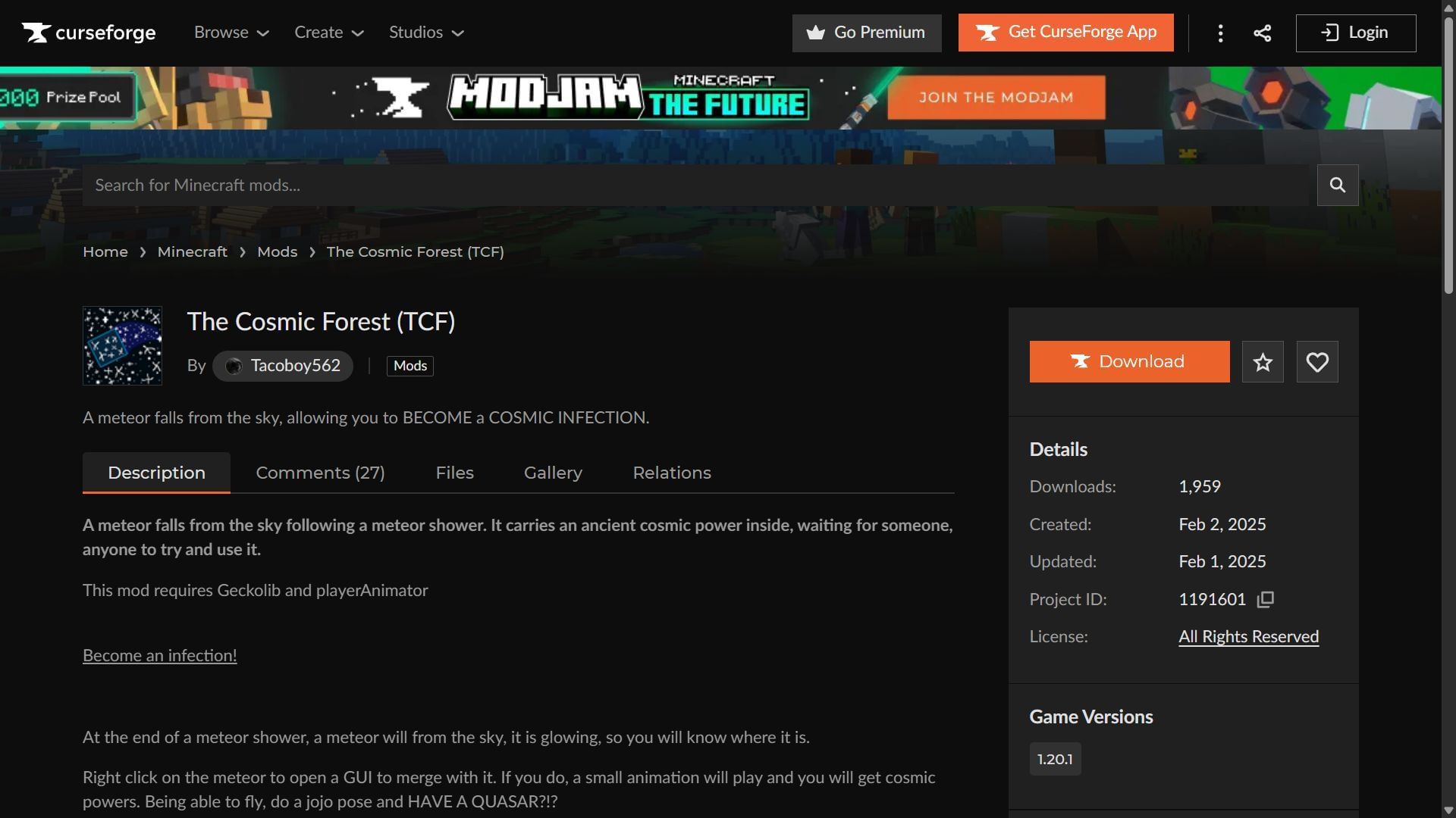 The Cosmic Forest can be easily downloaded from the CurseForge website (Image via CurseForge/The Cosmic Forest)