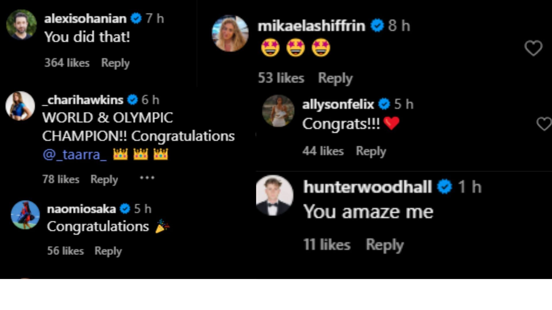 Screengrab of the comment section for Tara Davis-Woodhall&#039;s Instagram post [Image Source : Tara Davis-Woodhall&#039;s Instagram]