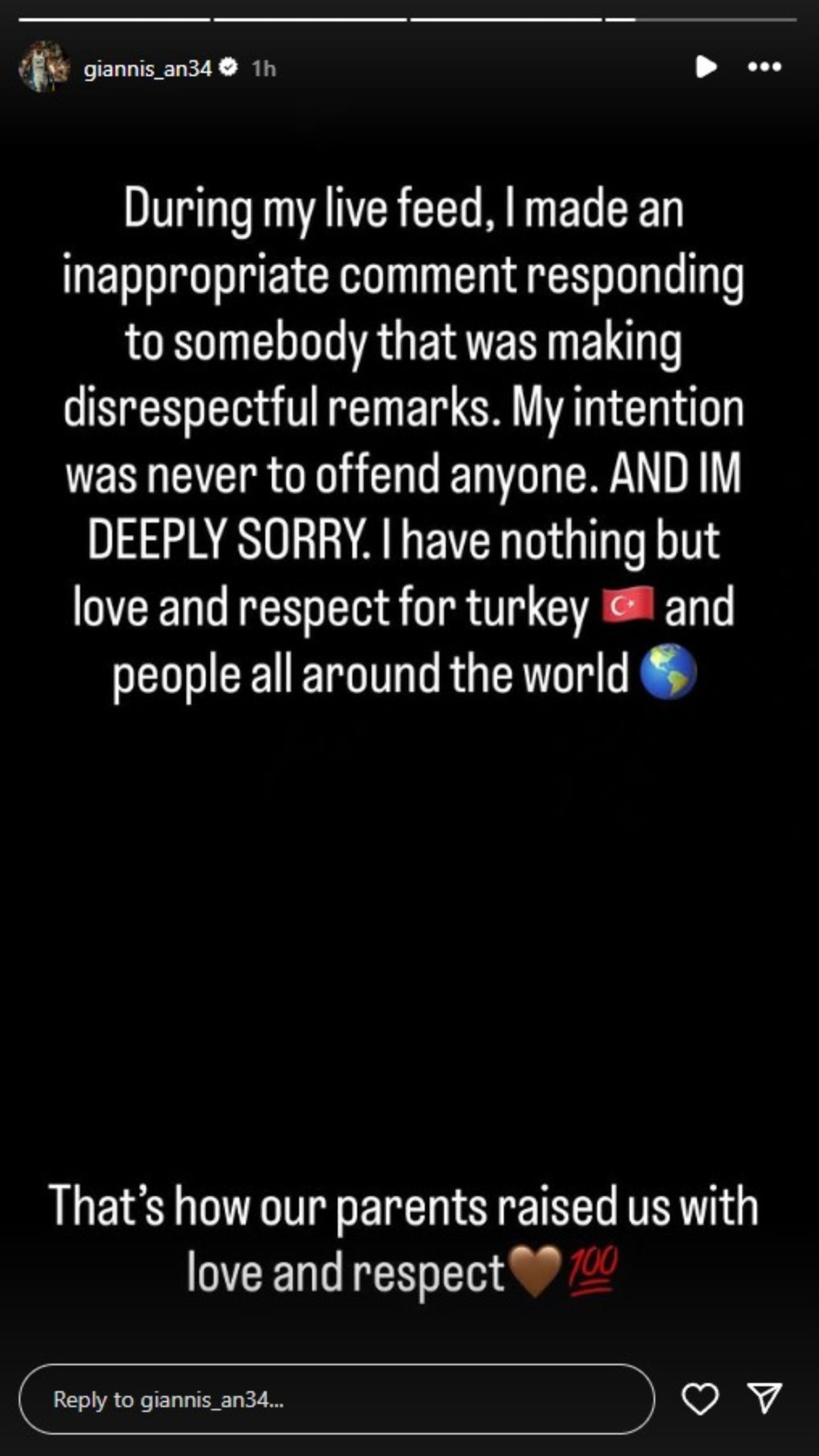 Antetokounmpo posted an apology on Instagram