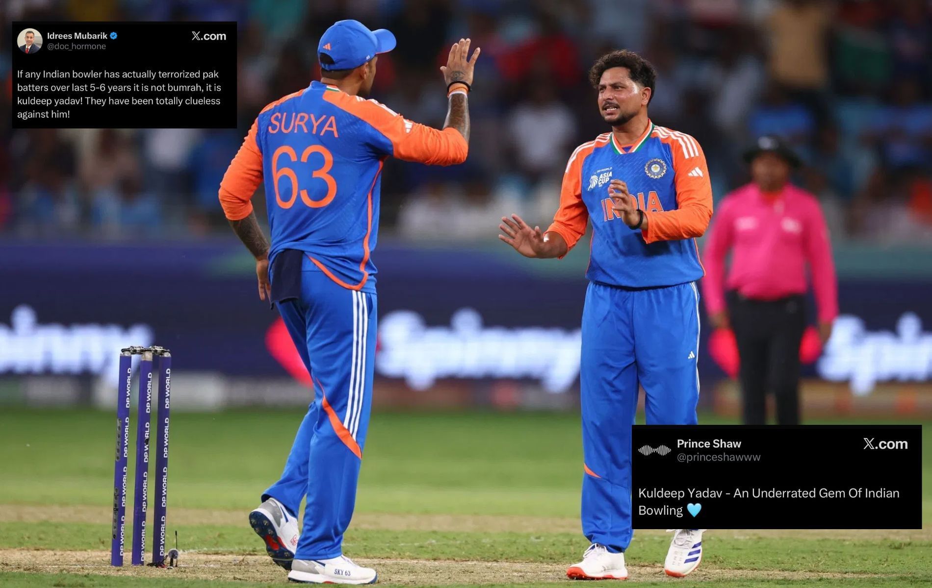 Kuldeep Yadav has taken seven wickets from two innings in 2025 Asia Cup. (Pics: Getty Images/X/@doc_hormone/@princeshawww).