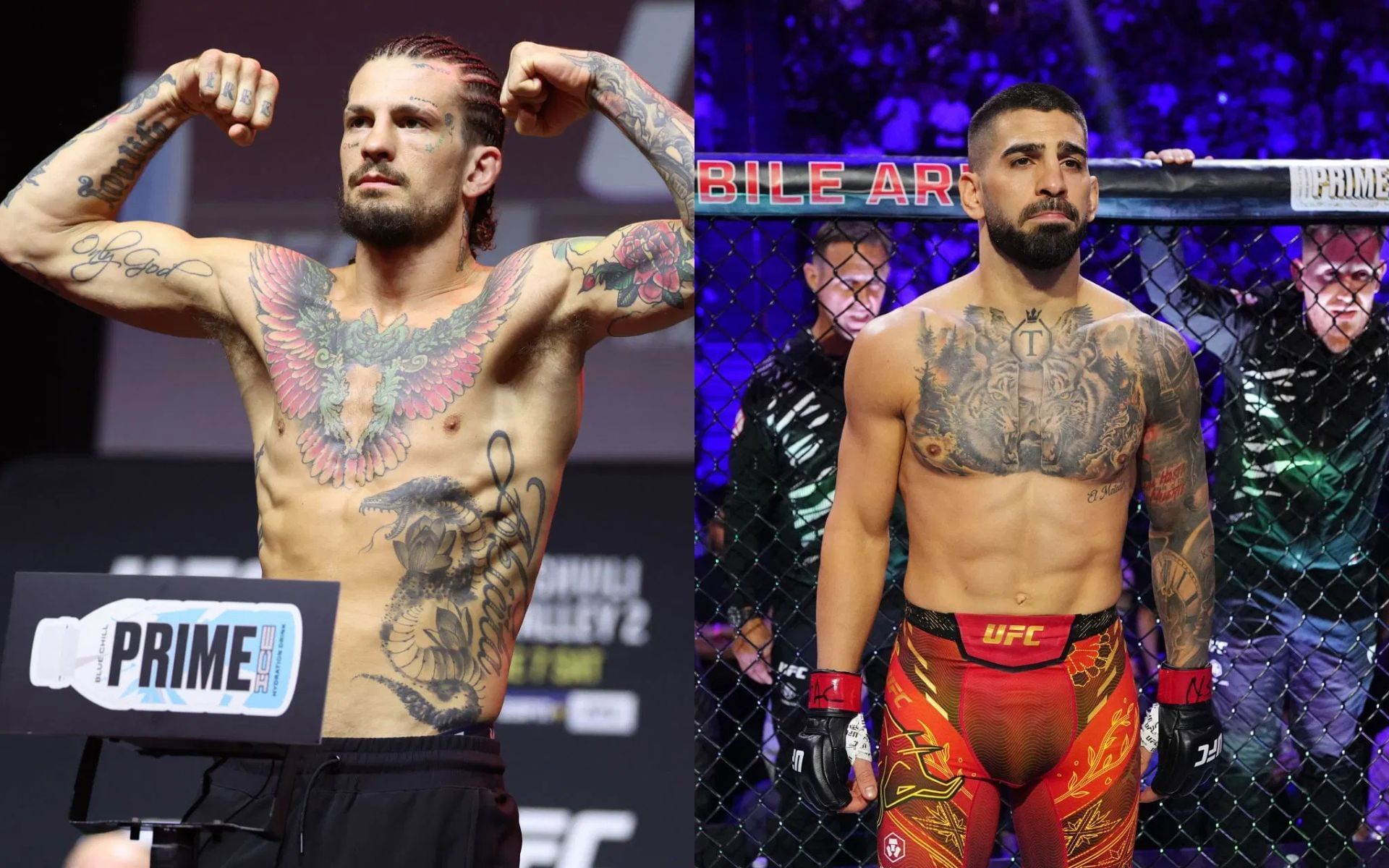 Sean O&rsquo;Malley (left) lauds Ilia Topuria (right). [Images courtesy: Getty]