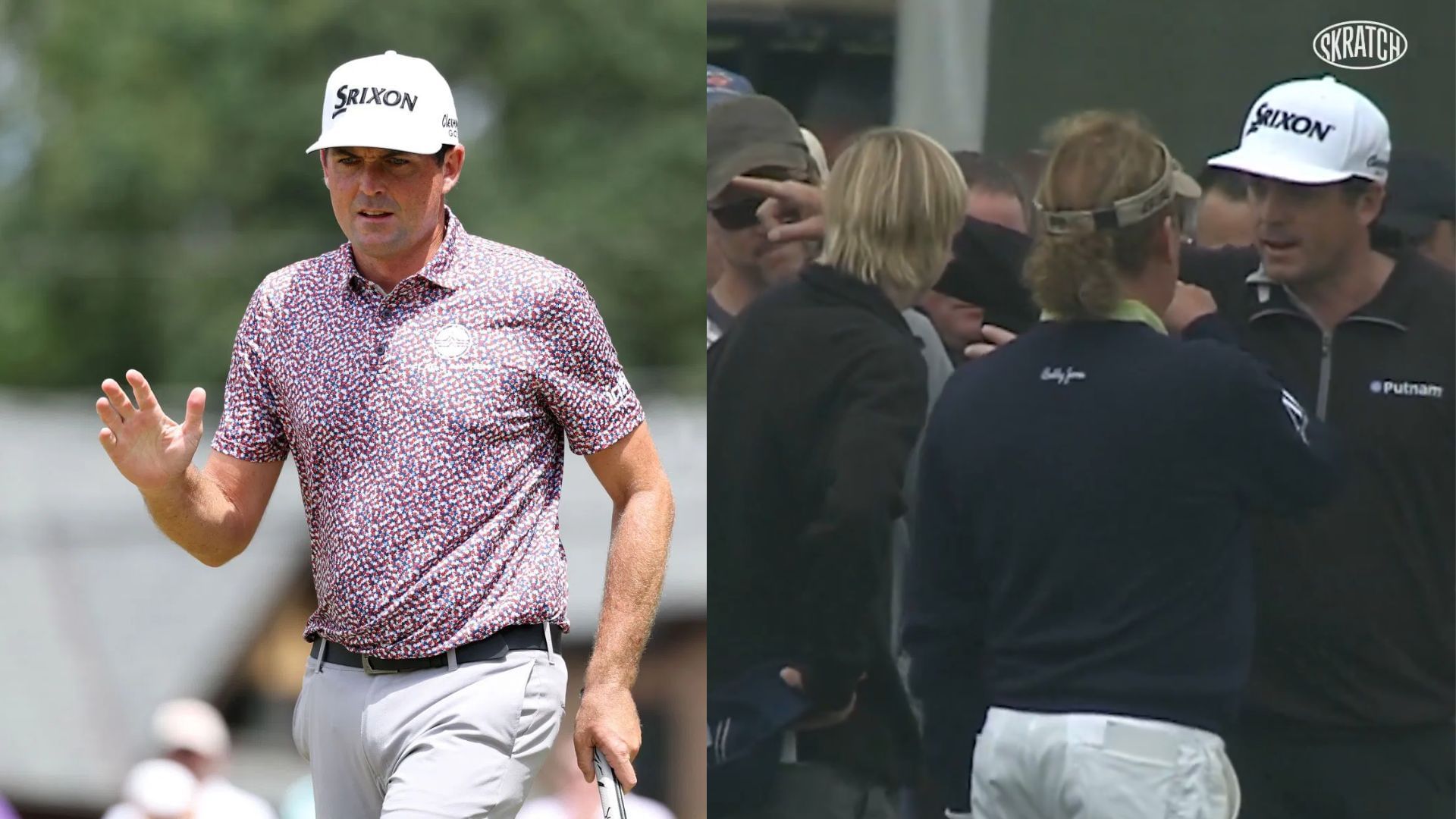 Keegan Bradley -  Bradley and Miguel Angel Jimenez in 2015 - Source - Getty and @NUCLRGOLF on X