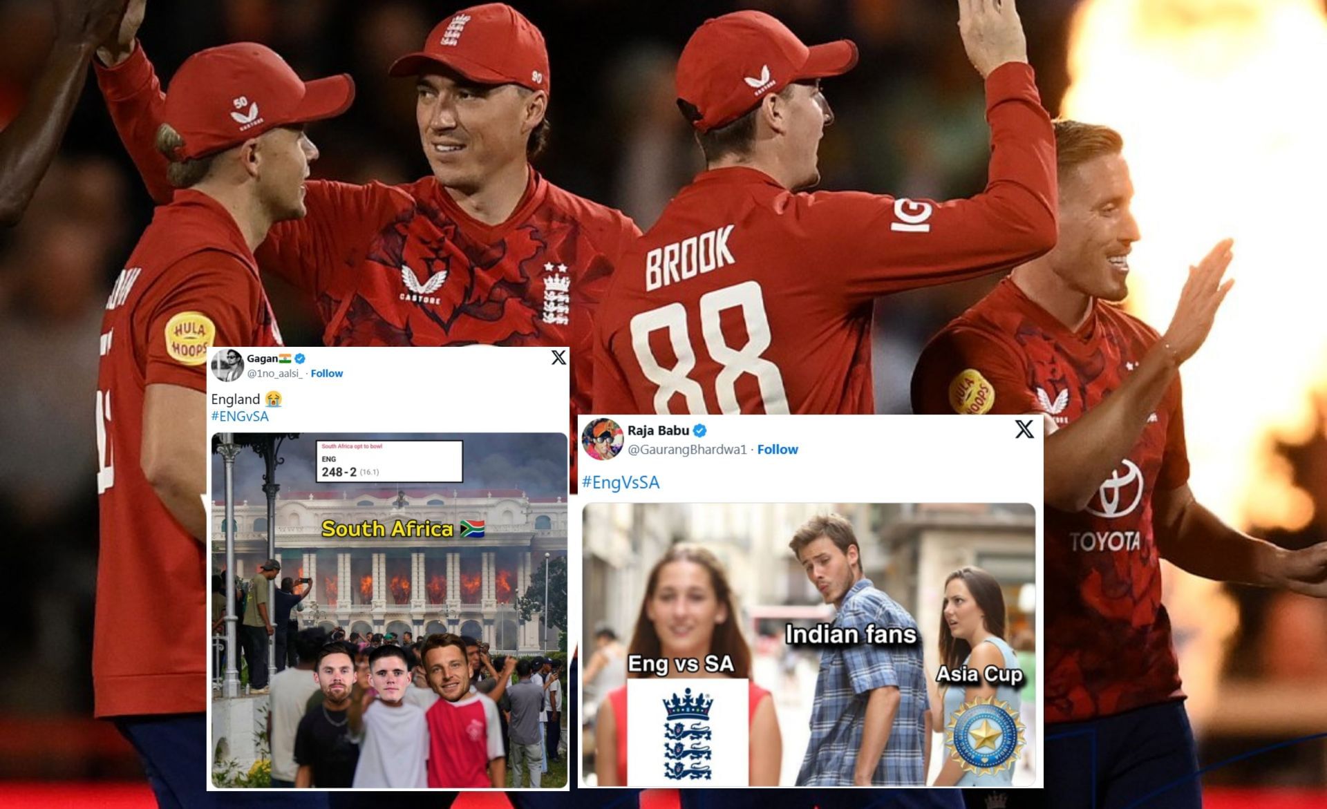 Top 10 funny memes from 2nd ENG vs SA T20I. (Images: X - @englandcricket, @GaurangBhardwa1, @1no_aalsi_)