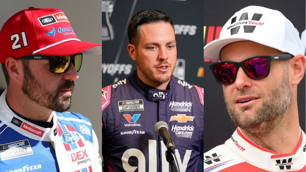 (L-R) Feb 16, 2025; Daytona Beach, Florida, USA; NASCAR Cup Series driver Josh Berry (21) walks to the drivers meeting before the Daytona 500 at Daytona International Speedway. Mandatory Credit: Peter Casey-Imagn Images;  Aug 27, 2025; Charlotte, NC, USA; Alex Bowman answers questions from the media during NASCAR Cup Series Playoff Media Day at Charlotte Convention Center. Mandatory Credit: Jim Dedmon-Imagn Images; Sep 15, 2024; Watkins Glen, New York, USA; NASCAR Cup Series driver Shane van Gisbergen (16) looks on prior to the Go Bowling at The Glen at Watkins Glen International. Mandatory Credit: Rich Barnes-Imagn Images