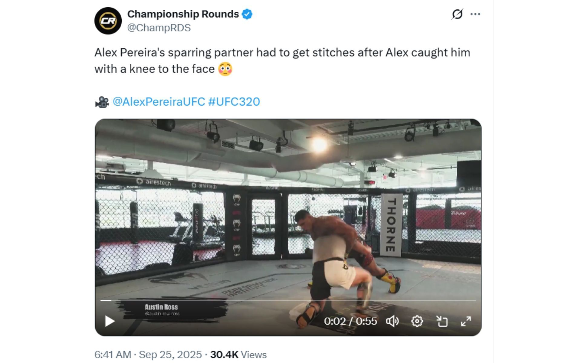 Screenshot of Alex Pereira&#039;s training clip. [Image courtesy: @ChampRDS on X]