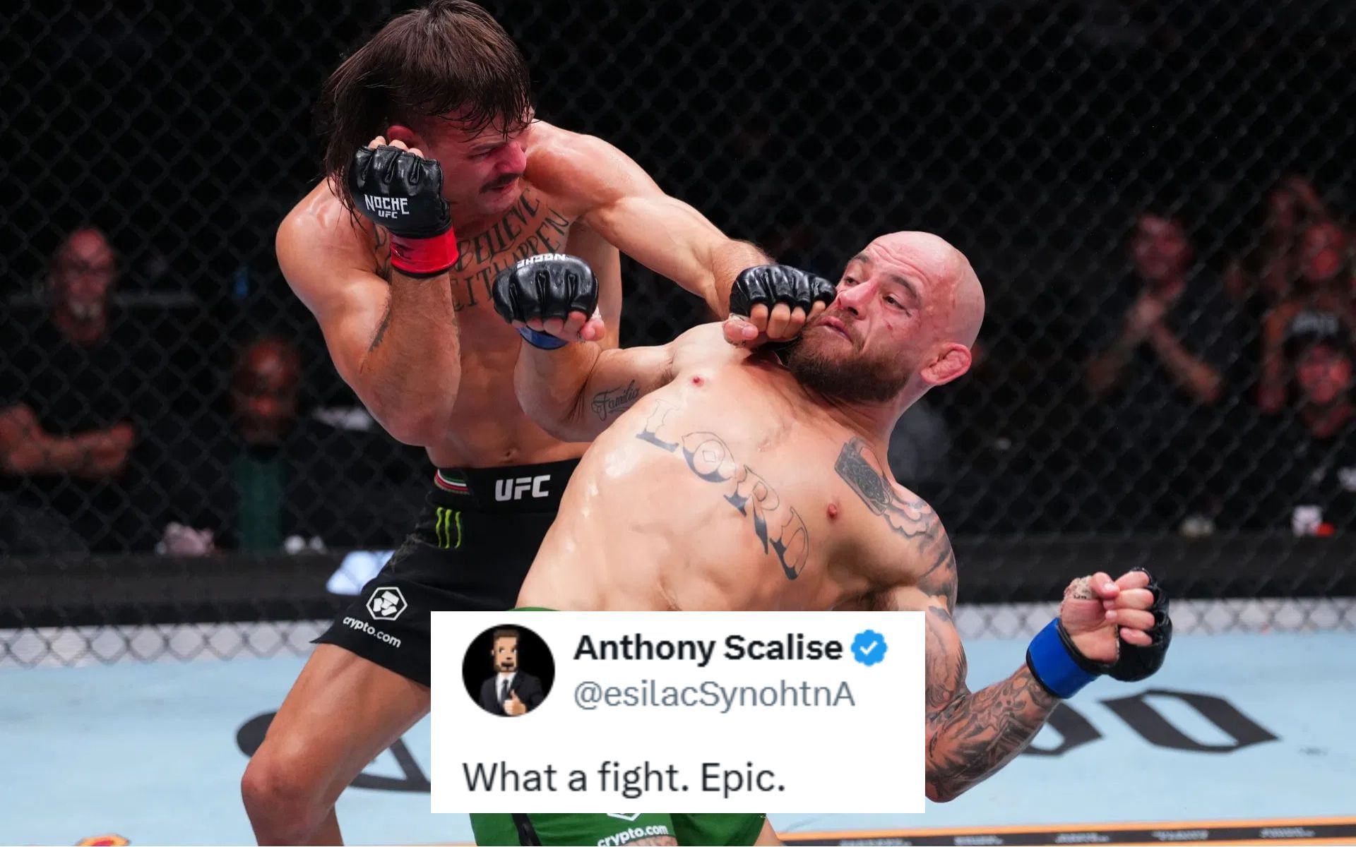 Fans react to Diego Lopes (left) beating Jean Silva (right) at Noche UFC. [Image courtesy: Getty]