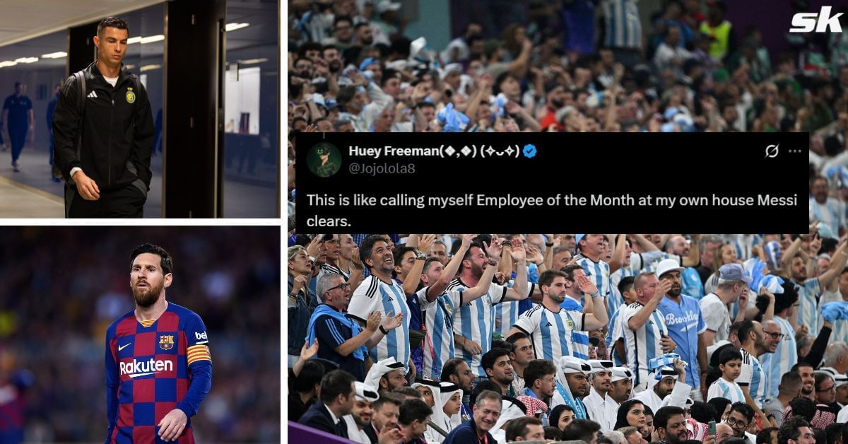 Cristiano Ronaldo, Lionel Messi, and Argentina fans (Images via Getty and X/@Jojolola8)