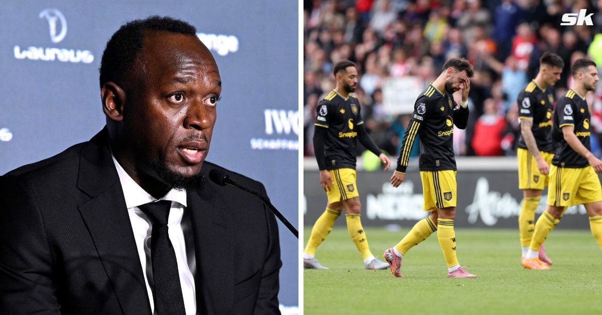 Usain Bolt reacts to Manchester United