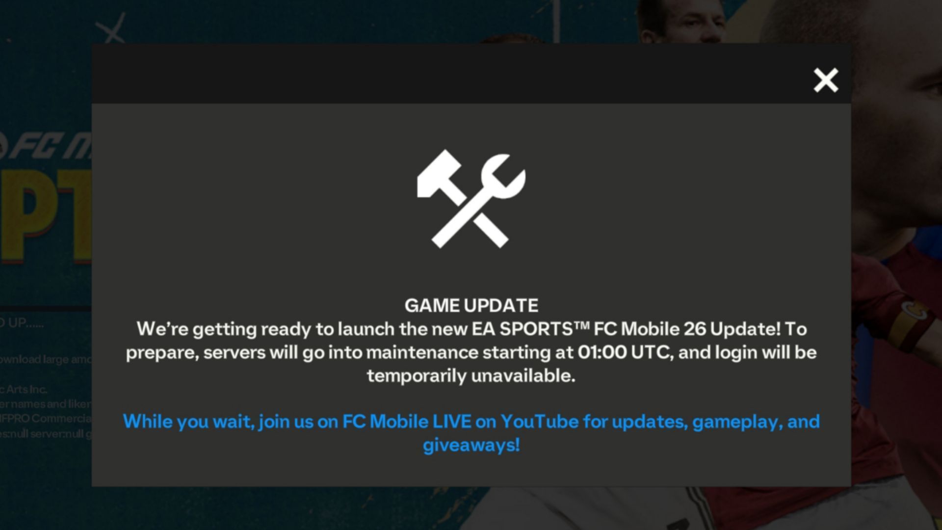 In-game message showing the maintenance downtime on September 25, 2025 (Image via EA Sports)