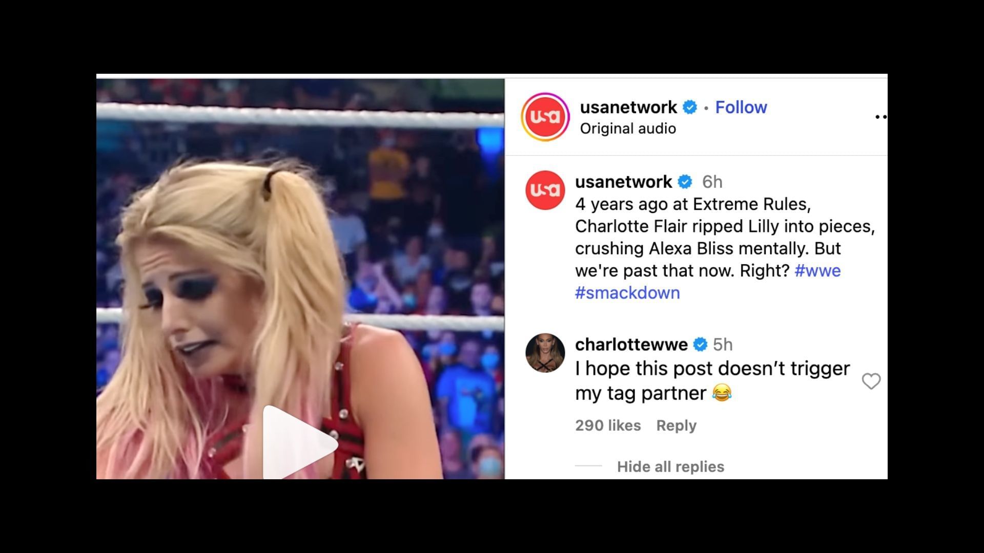 Flair reacted to her rivalry with Bliss today on social media. [Image credit: USA Network on Instagram]