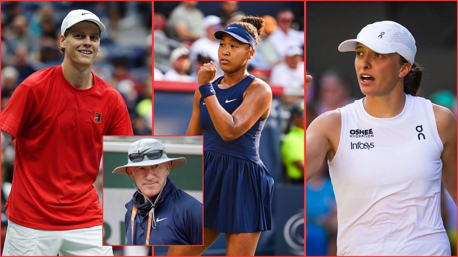 (L-R) Jannik Sinner, Brad Gilbert (inset), Naomi Osaka, Iga Swiatek | Getty