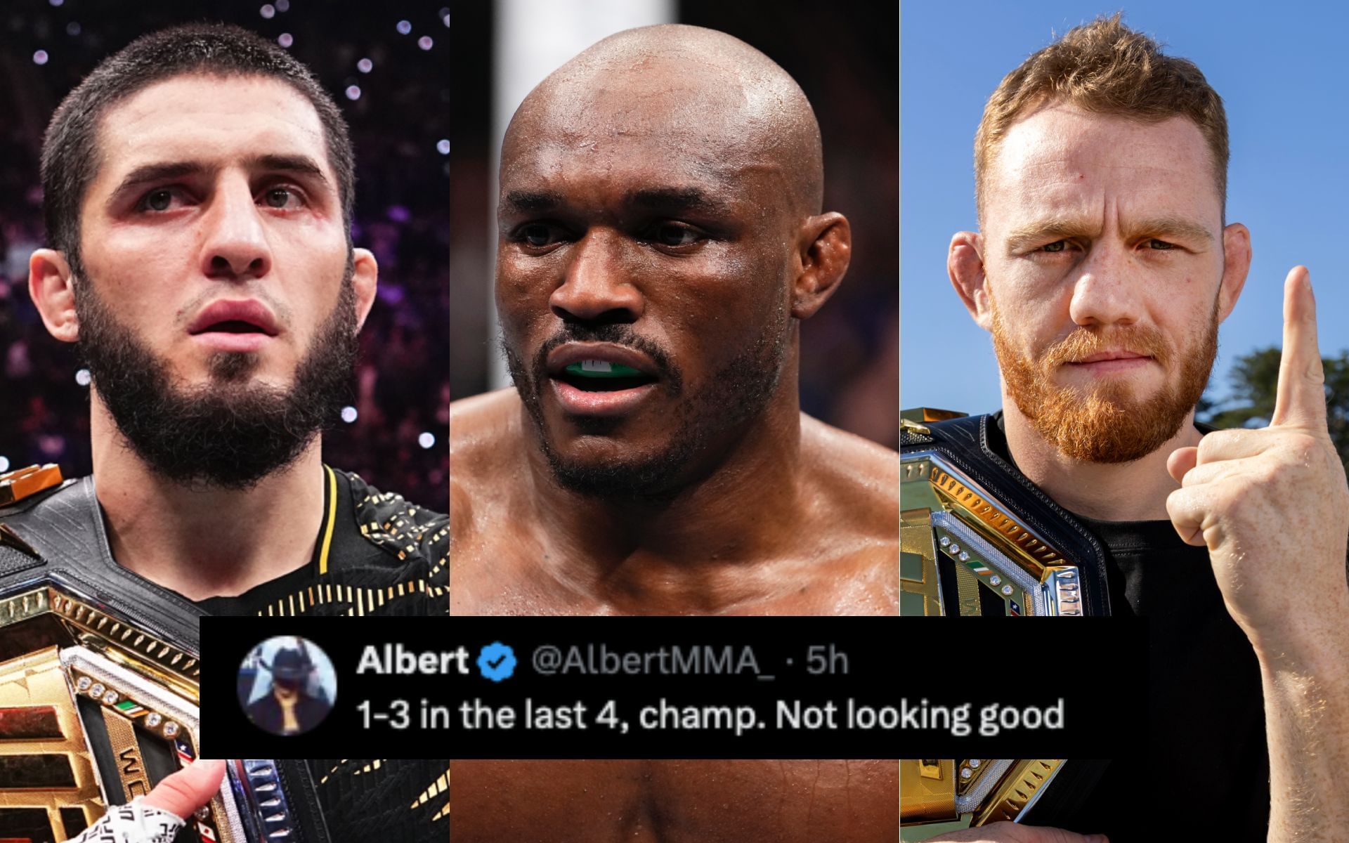 Kamaru Usman (middle) wants to face the winner of Jack Della Maddalena (right) vs. Islam Makhachhev (left) fight. [Image courtesy: Getty Images]