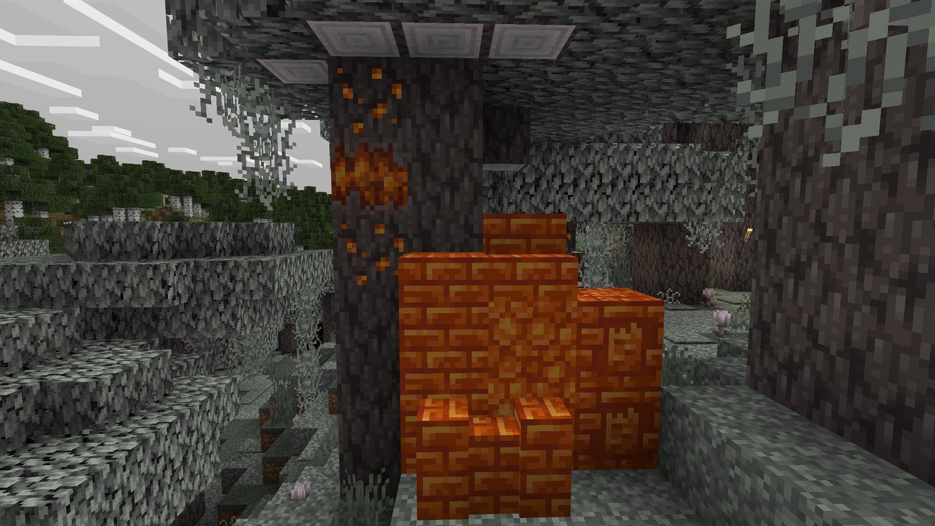 Resin bricks stand out visually in the pale garden in Minecraft (Image via Mojang Studios)