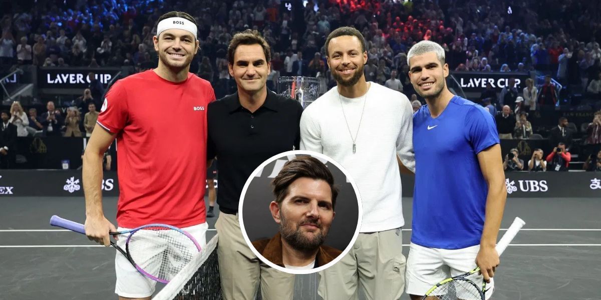 Taylor Fritz, Roger Federer, Steph Curry and Alcaraz (background, from left to right), Adam Scott (inset), Sources: Getty
